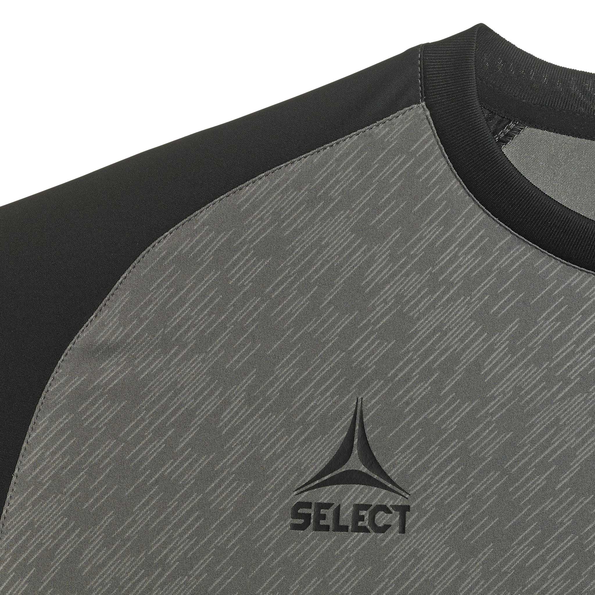 Nærbilde av grå-svart Player Shirt S/S Pisa X fotball kamp- og treningstøy med SELECT-logo