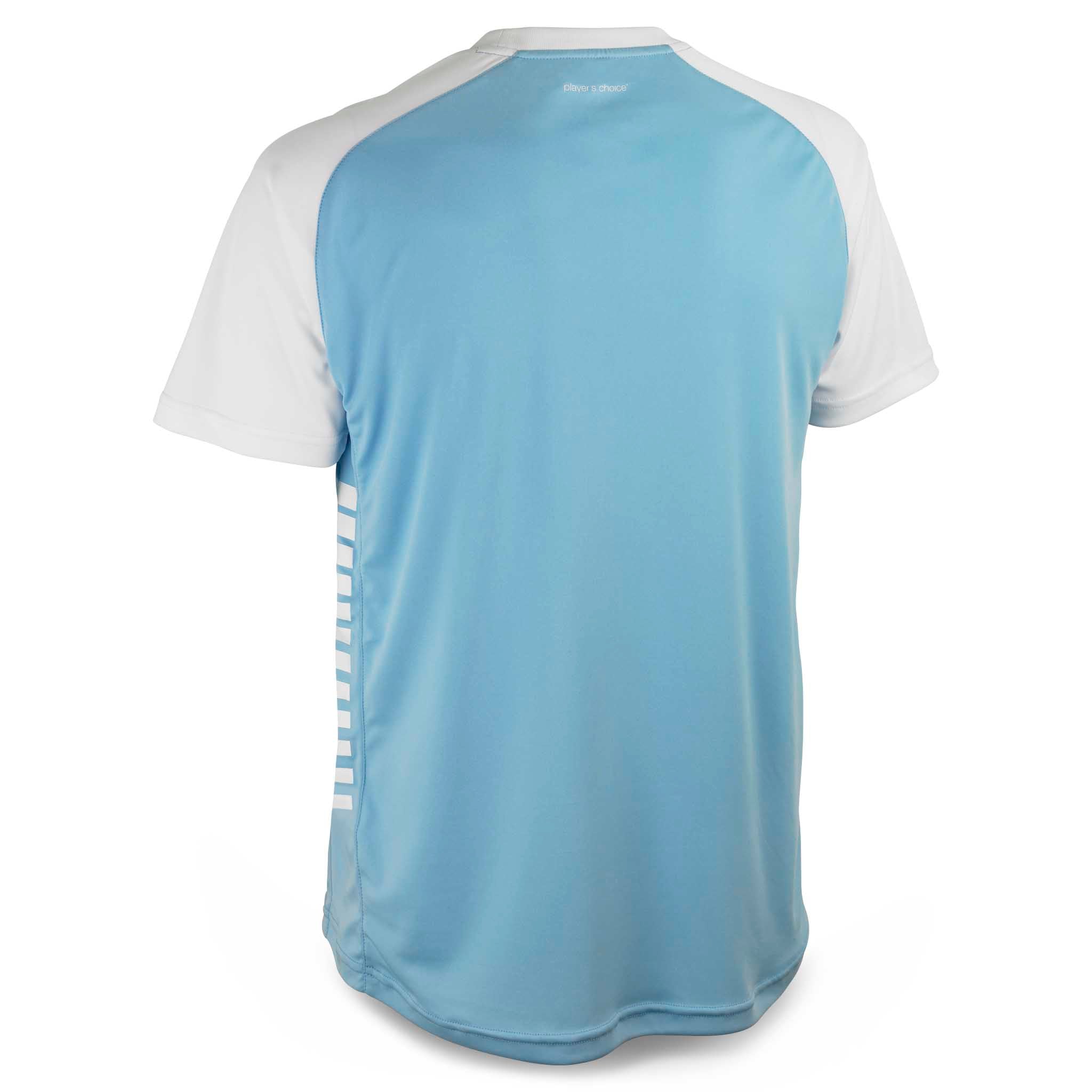 Bakside av lyseblå og hvit Player shirt S/S Pisa X, fotball Match & Training wear.