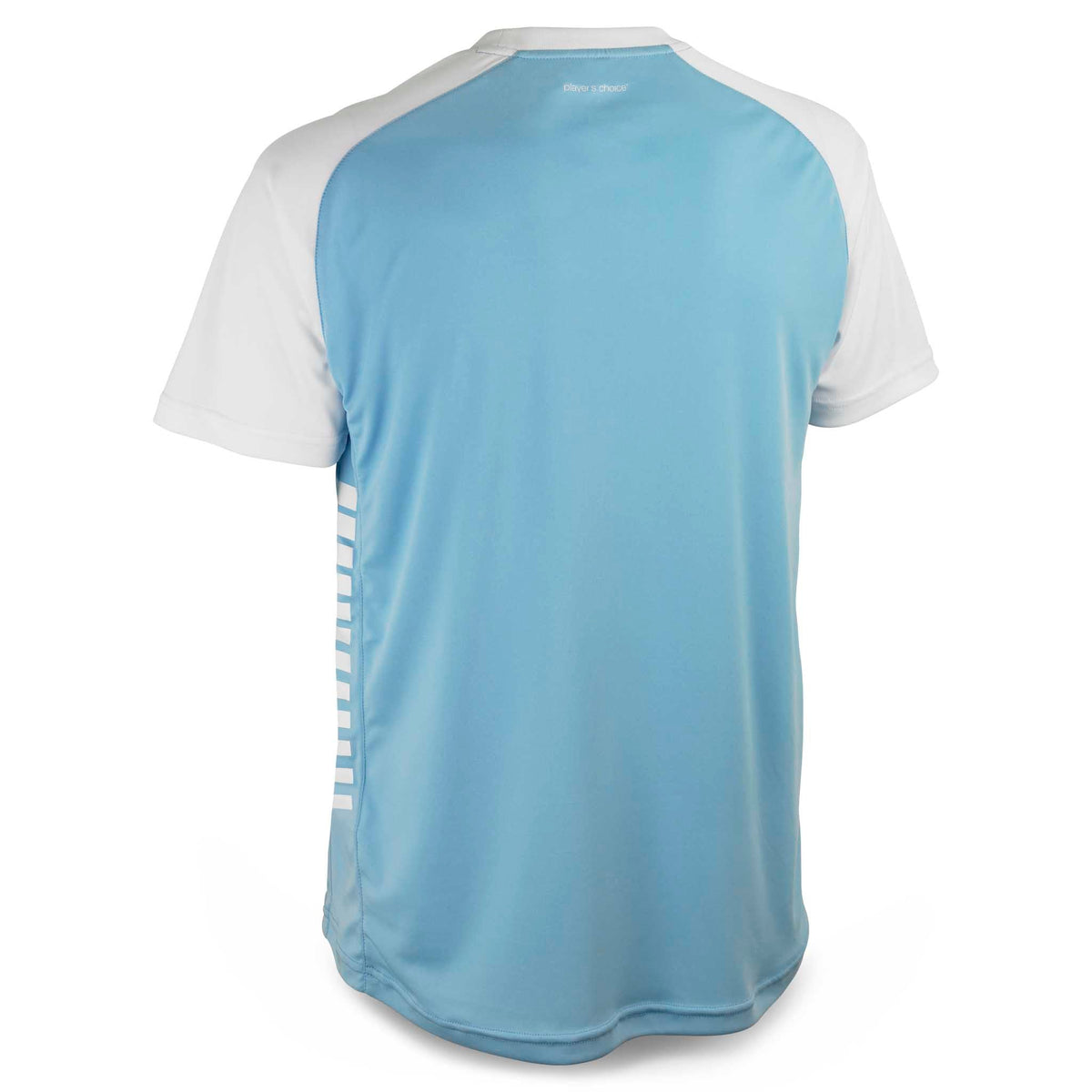 Bakside av lyseblå og hvit Player shirt S/S Pisa X, fotball Match & Training wear.