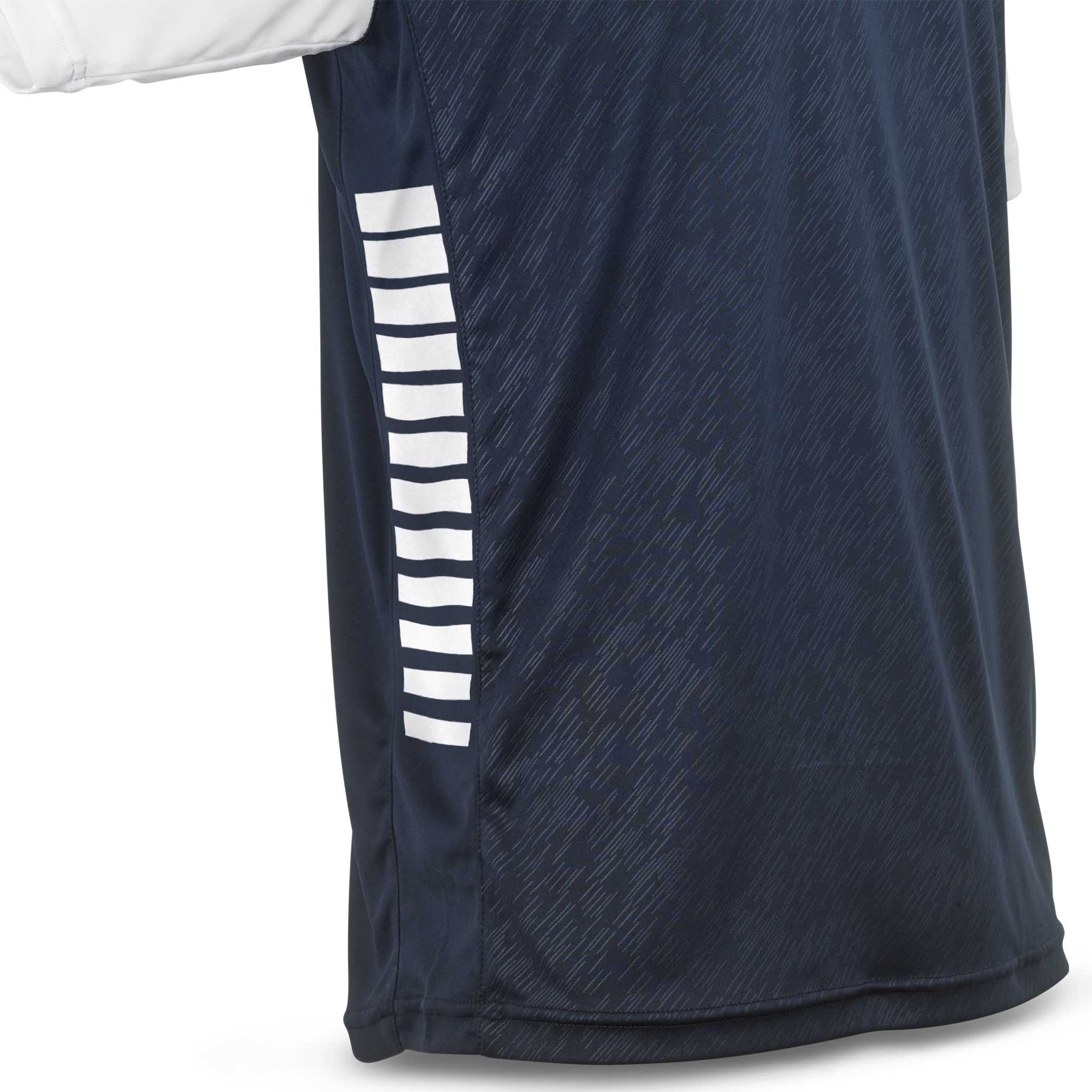 Nærbilde av marineblå Player shirt S/S Pisa X med hvit sidestripe, Match & Training wear
