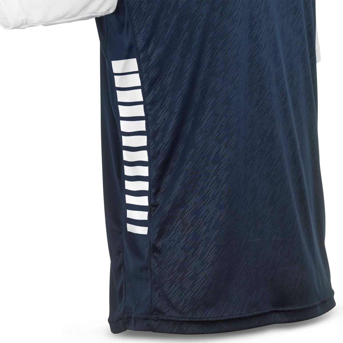 Nærbilde av marineblå Player shirt S/S Pisa X med hvit sidestripe, Match & Training wear