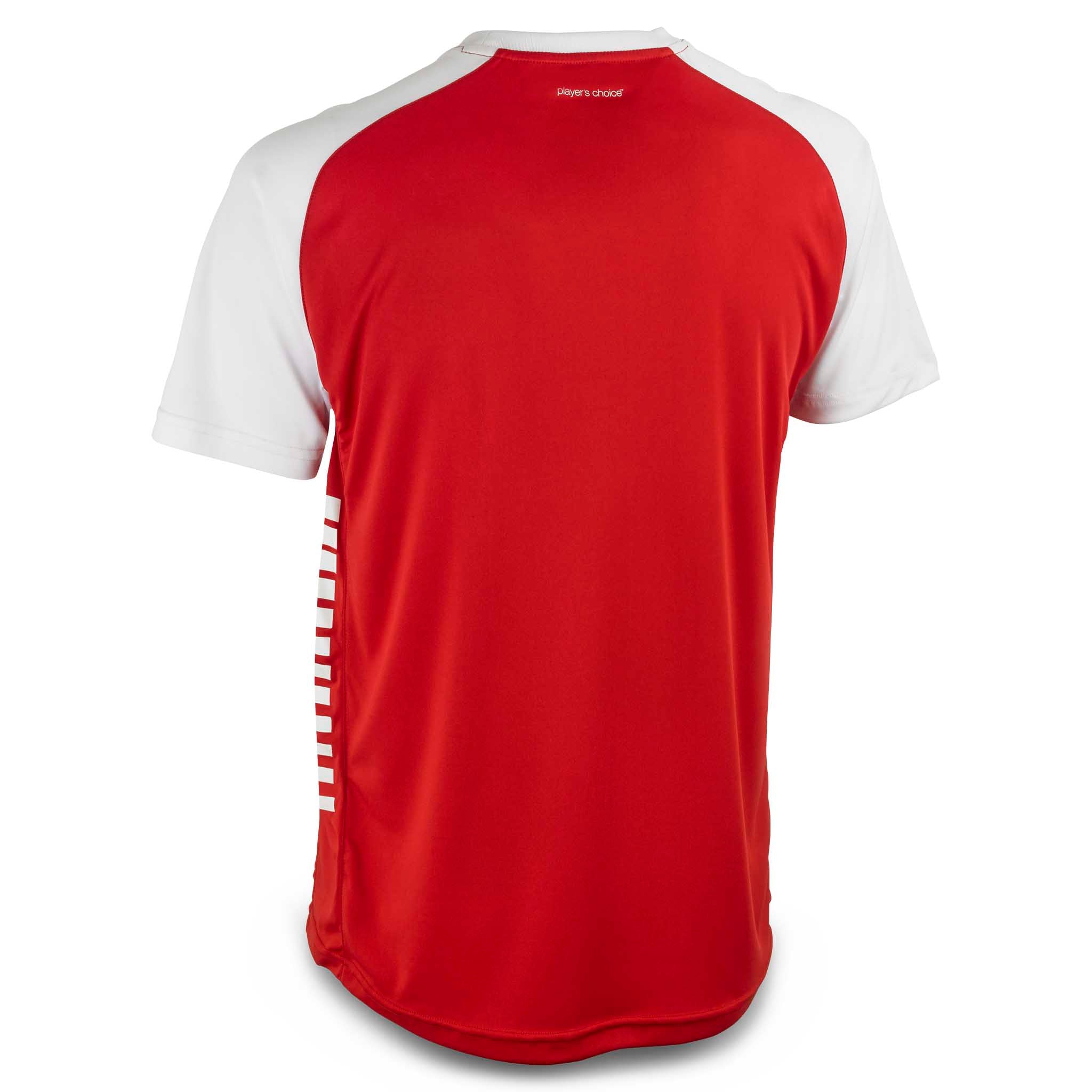 Player shirt S/S Pisa X, kamp- og treningstøy, bakside. Rød fotballtrøye med hvite ermer og skuldre.