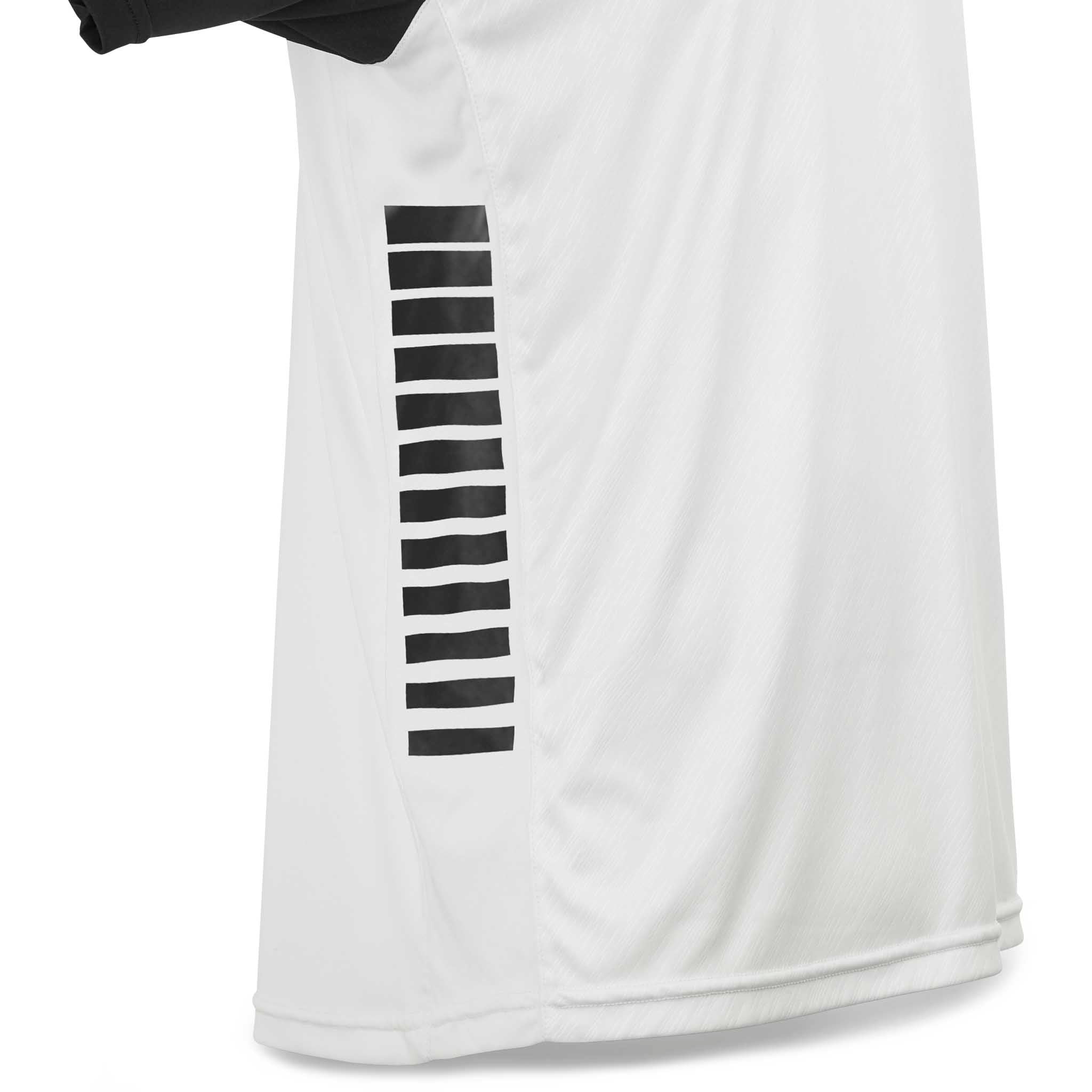 Nærbilde av hvit Player shirt S/S Pisa X med sorte sidestriper, Match & Training wear