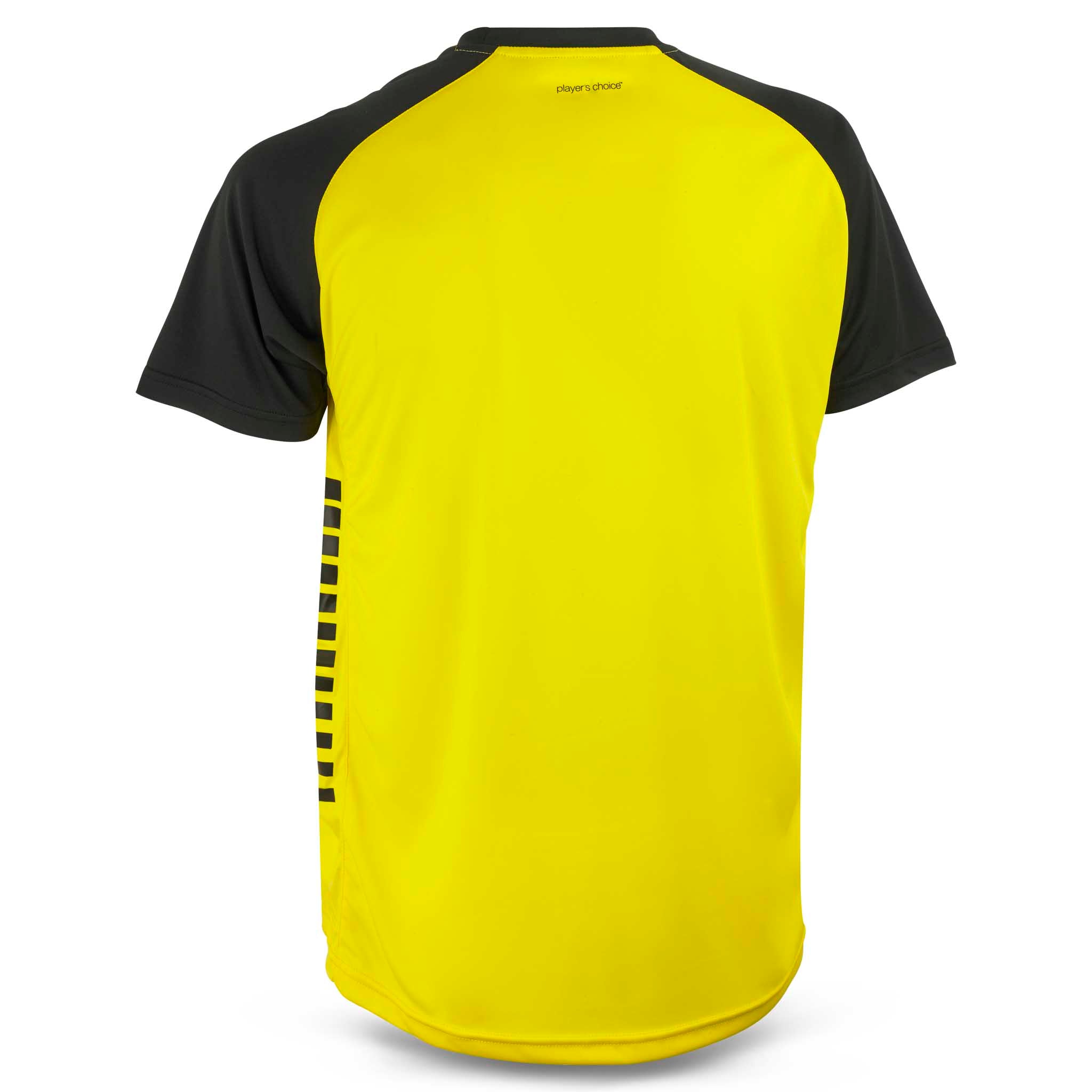 Bakside av gul og svart Player shirt S/S Pisa X, Match & Training wear med korte ermer til fotball.