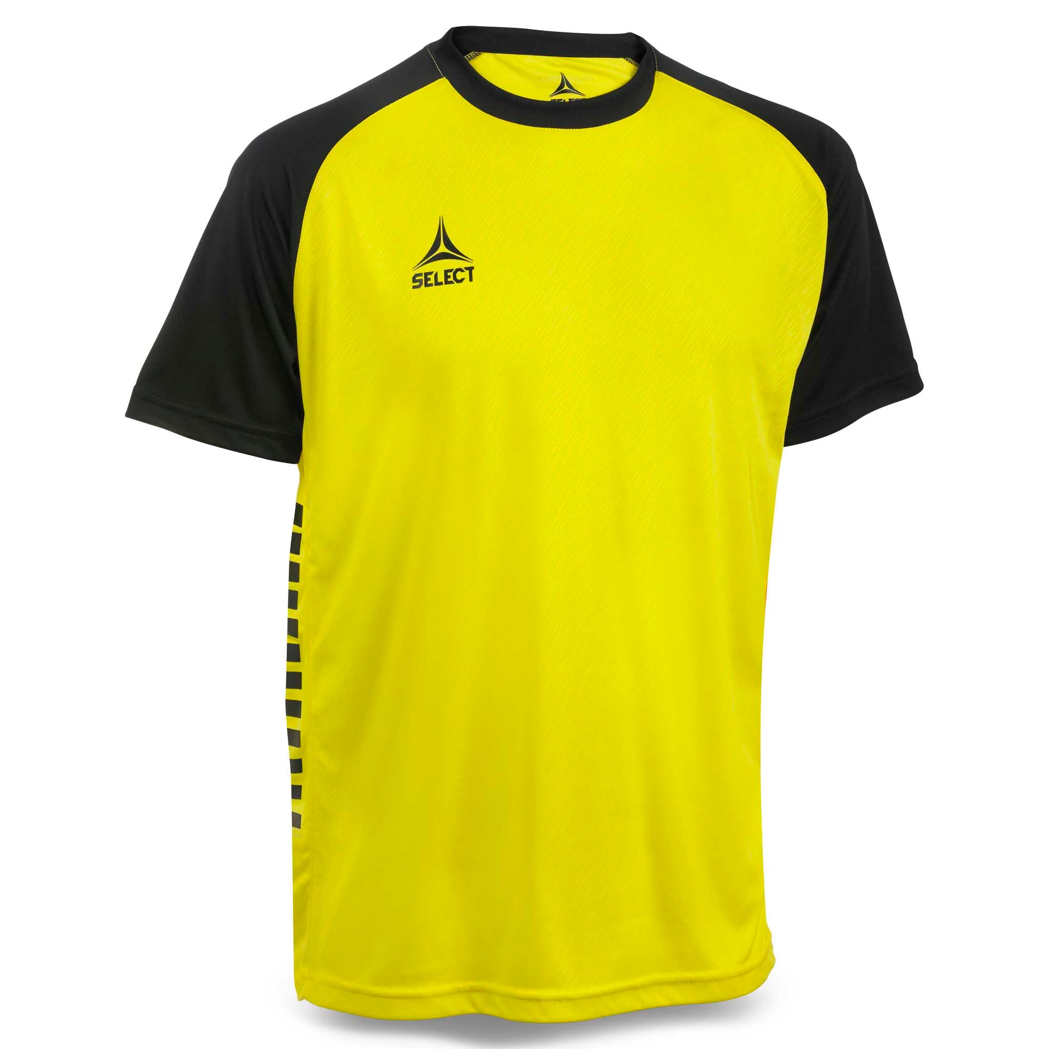 Forside av Player shirt S/S Pisa X, Kamp- og treningstøy, i gult med svarte skuldre og ermer for fotball.