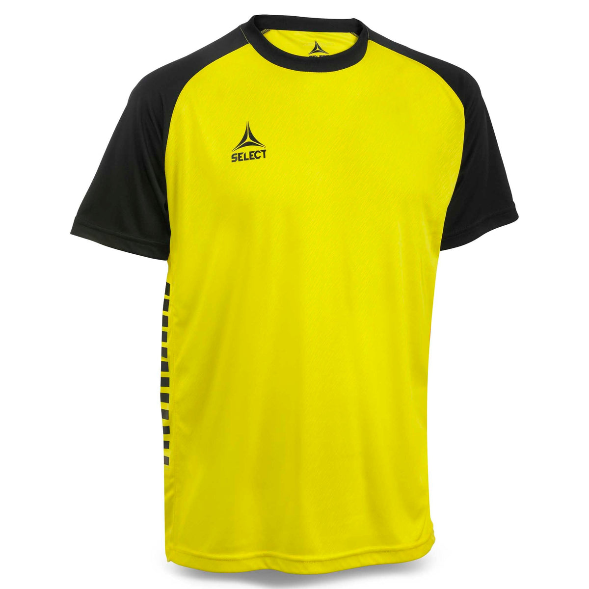 Forside av Player shirt S/S Pisa X, Kamp- og treningstøy, i gult med svarte skuldre og ermer for fotball.