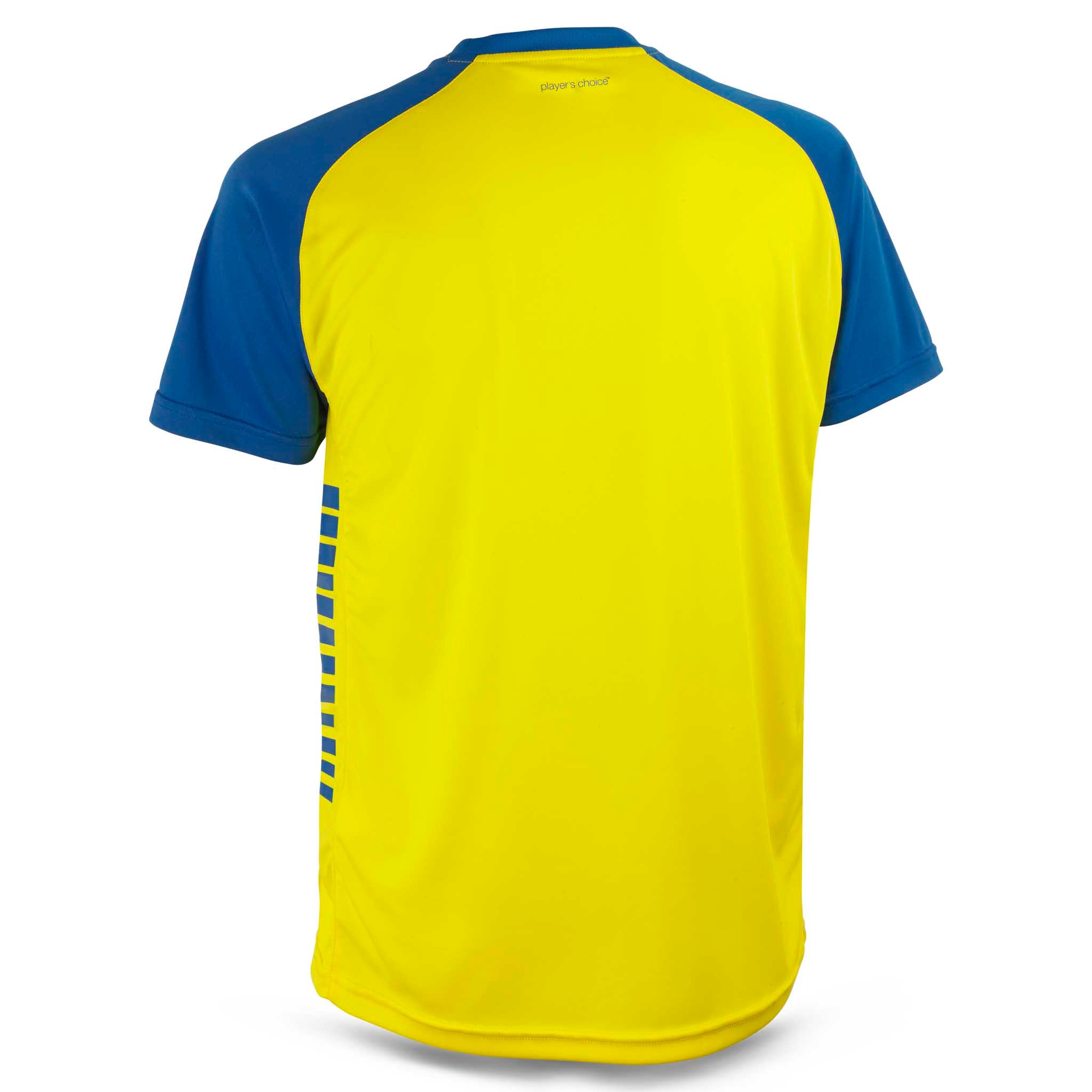 Player Shirt S/S Pisa X, kamp- og treningstøy, bakside, gul med blå ermer