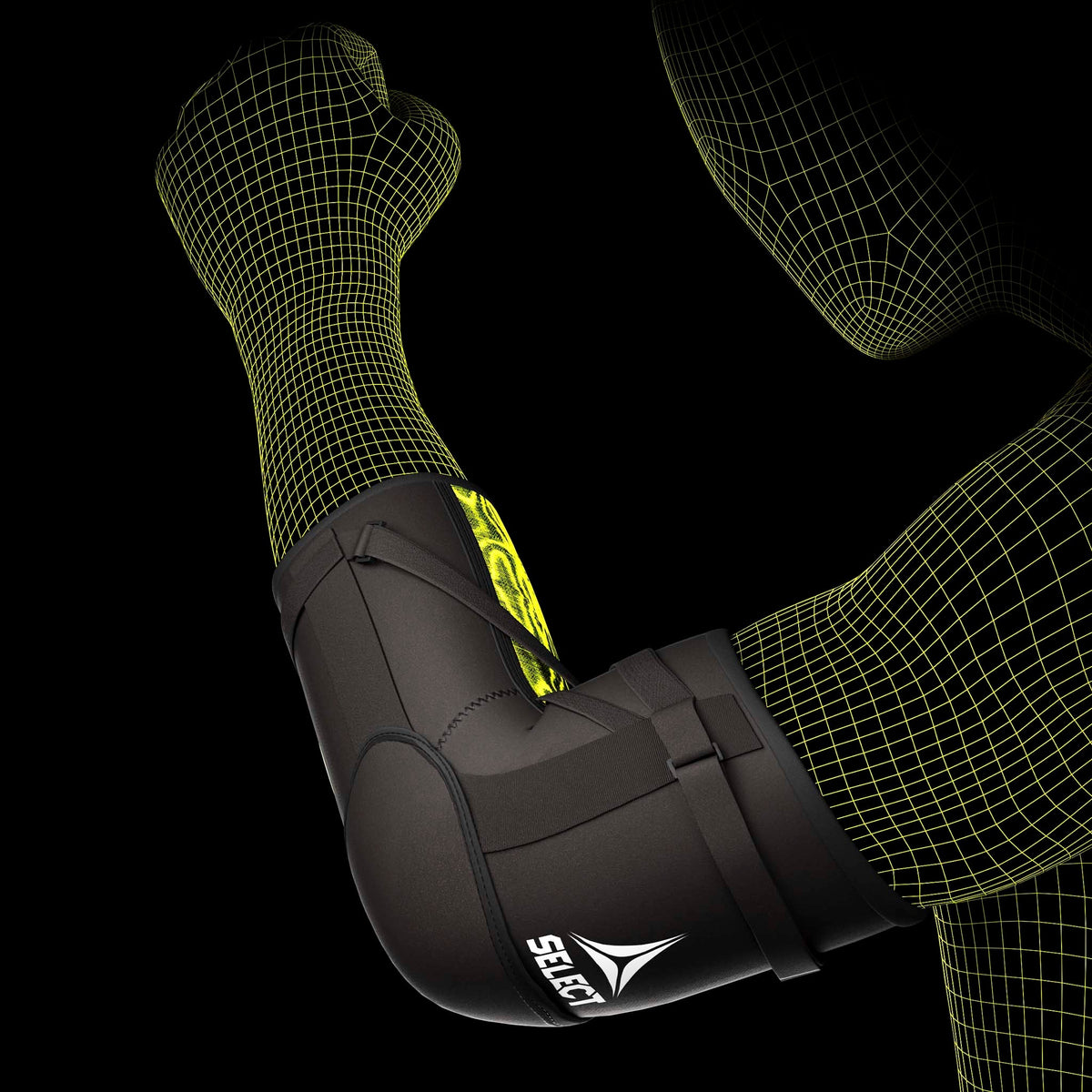 Sort og grøn Elbow Support Splint sportsstøtte båret på en models arm