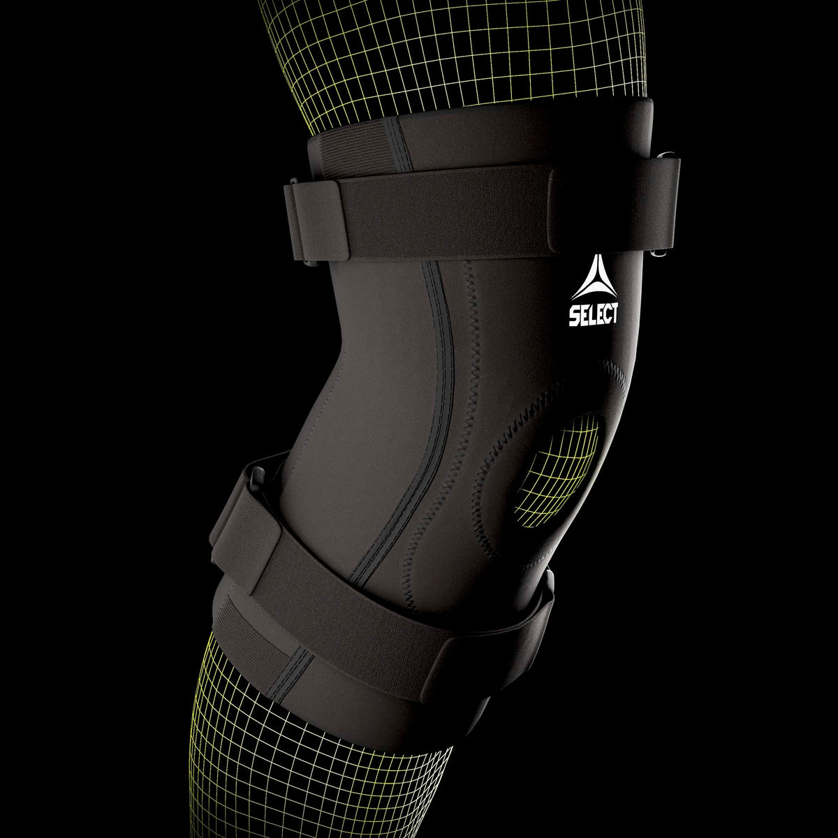 Svarte Knee Support Splints, sports support, på en modells kne, nærbilde av skinnen med stropper