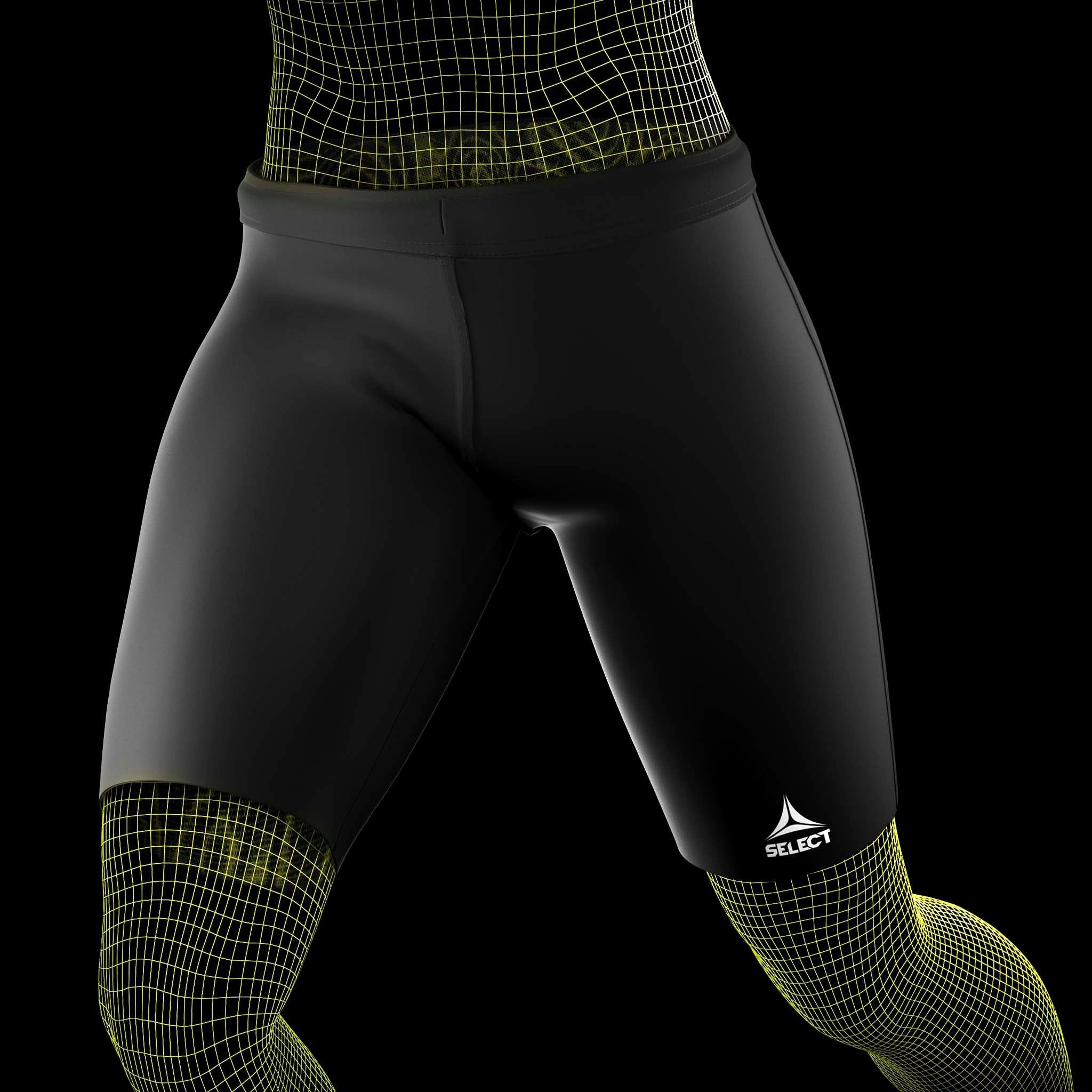 Forfra af sorte Thermal Shorts sportsstøtte med hvidt logo, båret af en fodboldspiller.