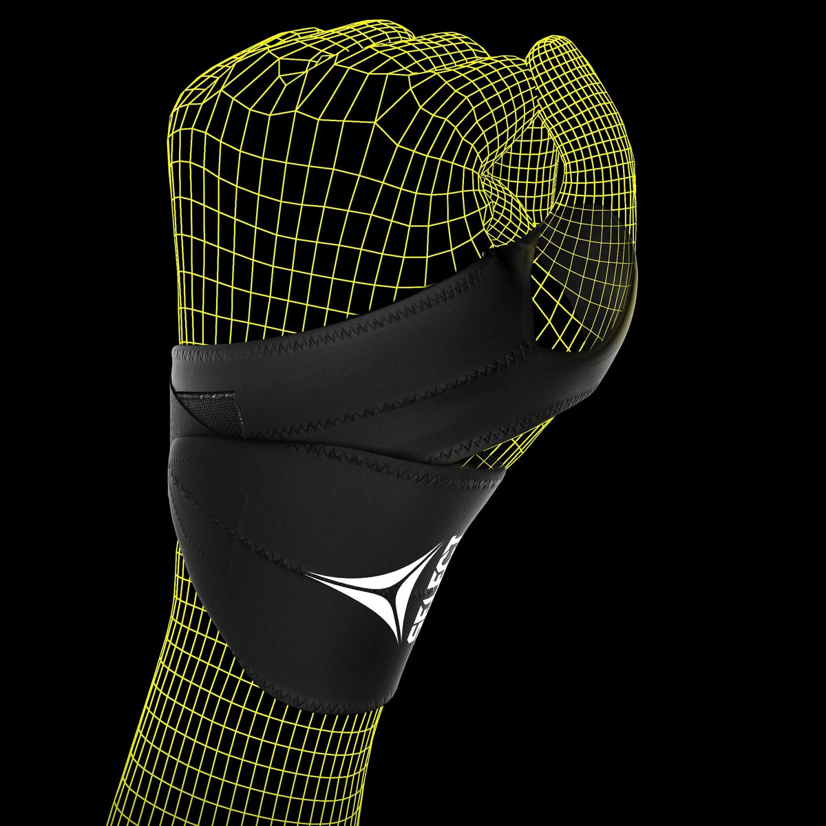 Svart Wrist Support 1 sportsstøtte med hvit logo, vist på en modells håndledd i en gul wireframe.