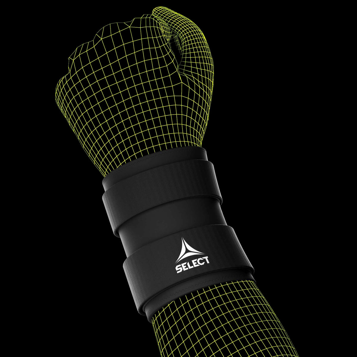Svart Wrist Support 2 sportsstøtte på håndledd, hvit Select-logo, modellfoto av fotballspiller.