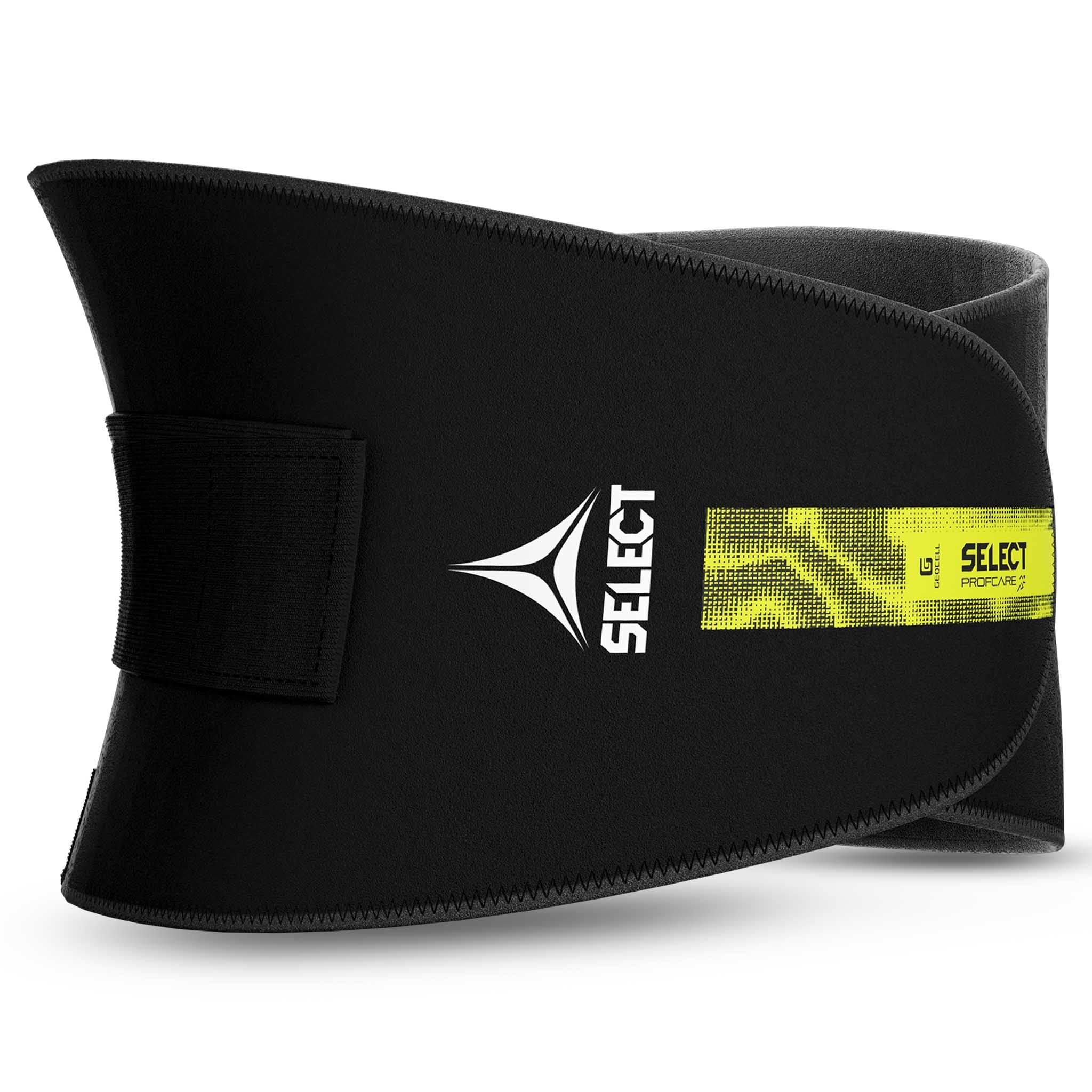 Forside av svart og grønn Back support Splint, en sportsstøtte med justerbar stropp og SELECT-logo.