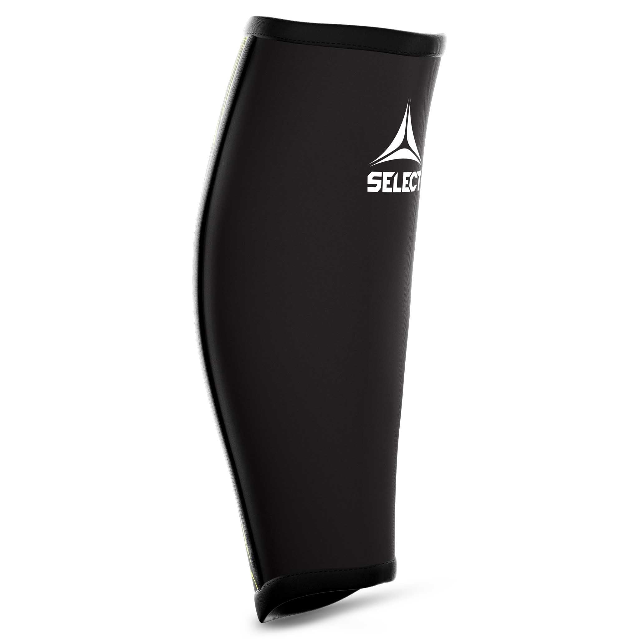 Forside av svart Calf support med hvit logo, en sports support for fotball.