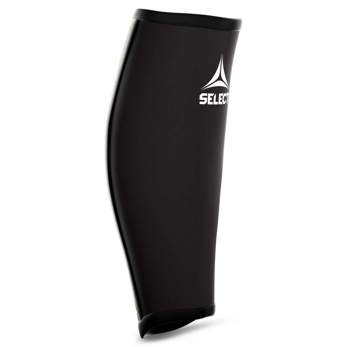 Forside af sort Calf support med hvidt logo, en sports support til fodbold.