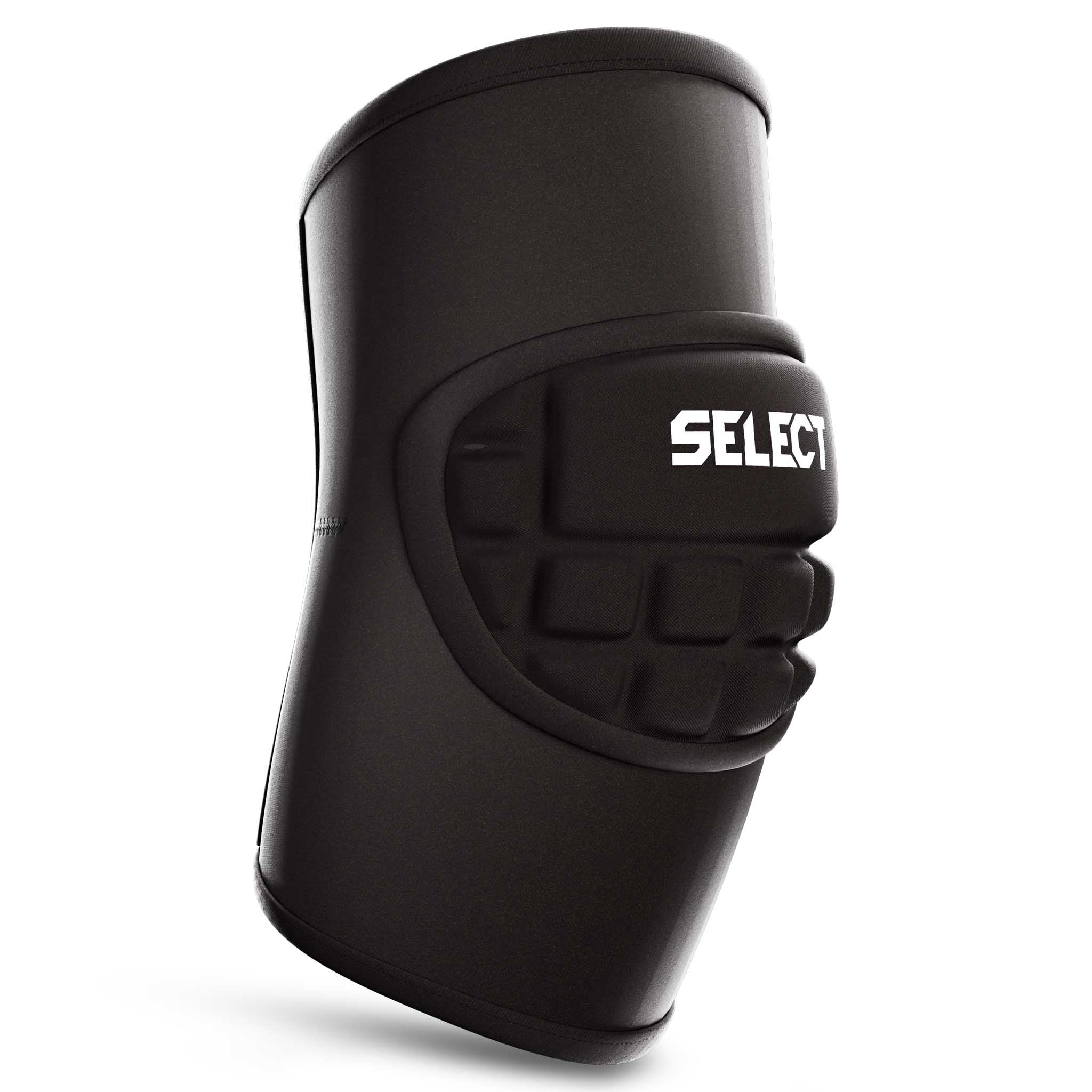 Elbow Protection 1, svart sports support med hvit logo og polstret front, vist forfra.