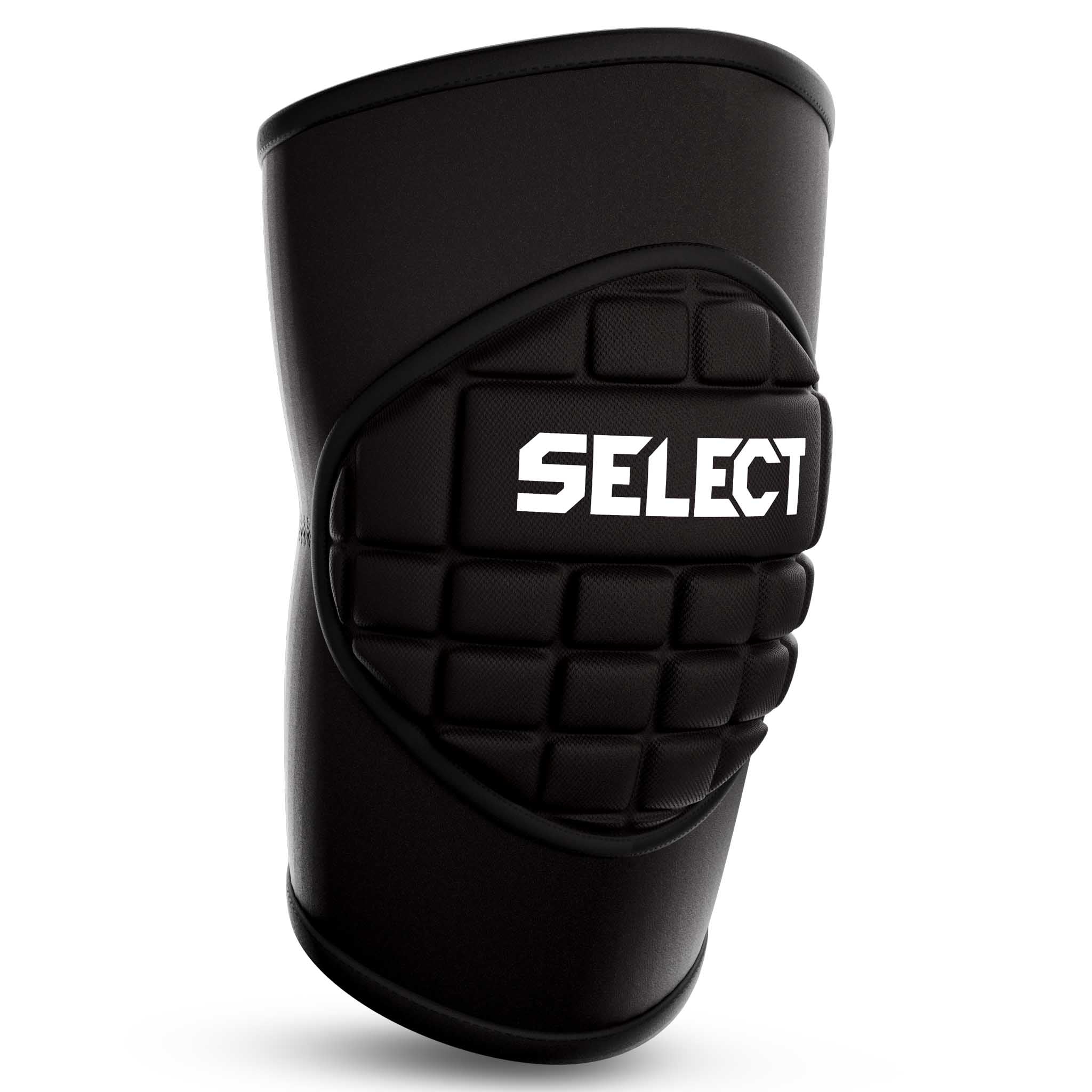 Forside av svart Knee Protection 1 sportsstøtte med hvit Select-logo og polstret front