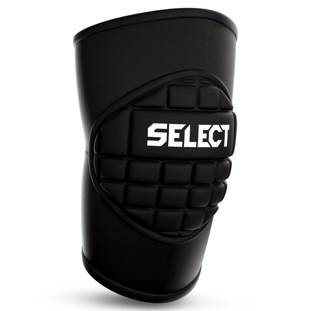 Forside av svart Knee Protection 1 sportsstøtte med hvit Select-logo og polstret front