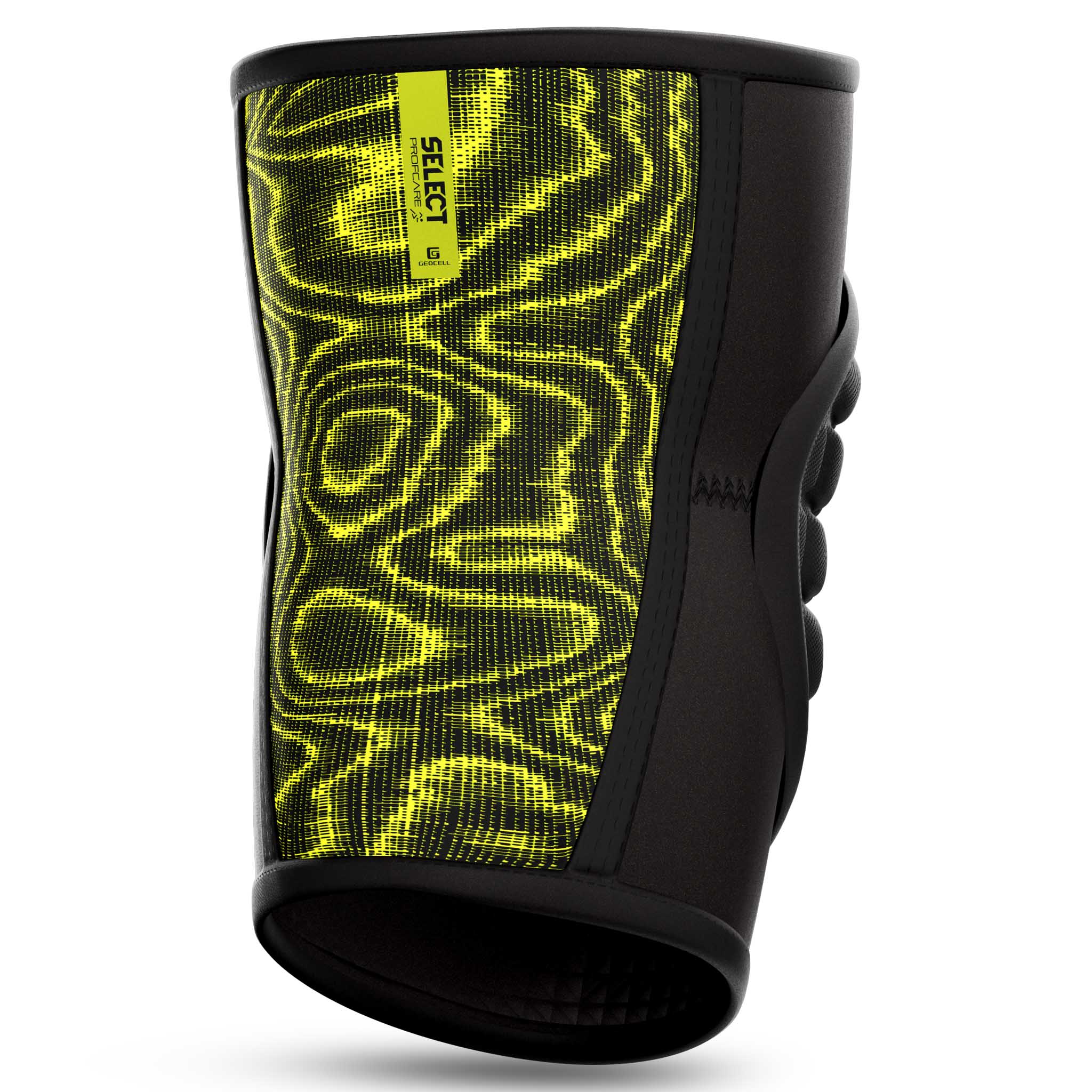 Knee Protection 2 sportsstøtte, bakside, svart med grønt bølgemønster.