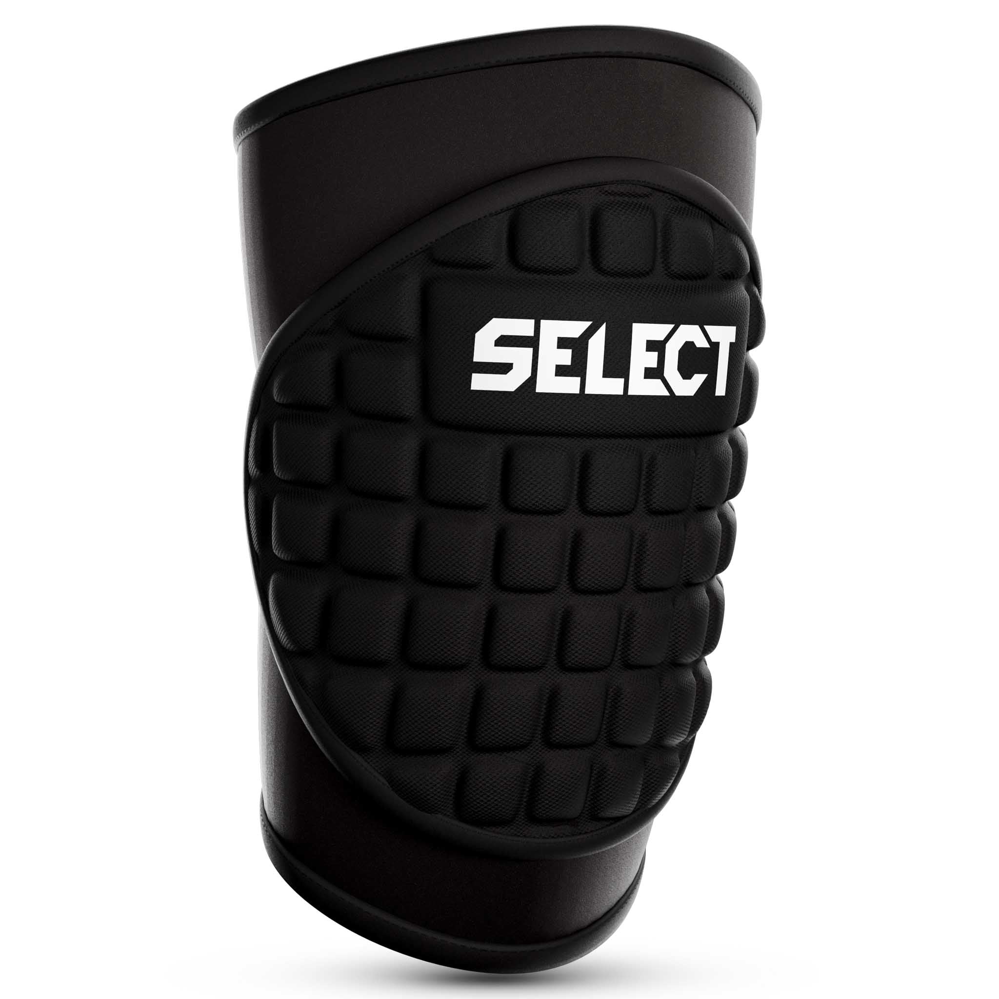 Svart Knee Protection 2 sportsstøtte med polstret design og hvit logo, forside.