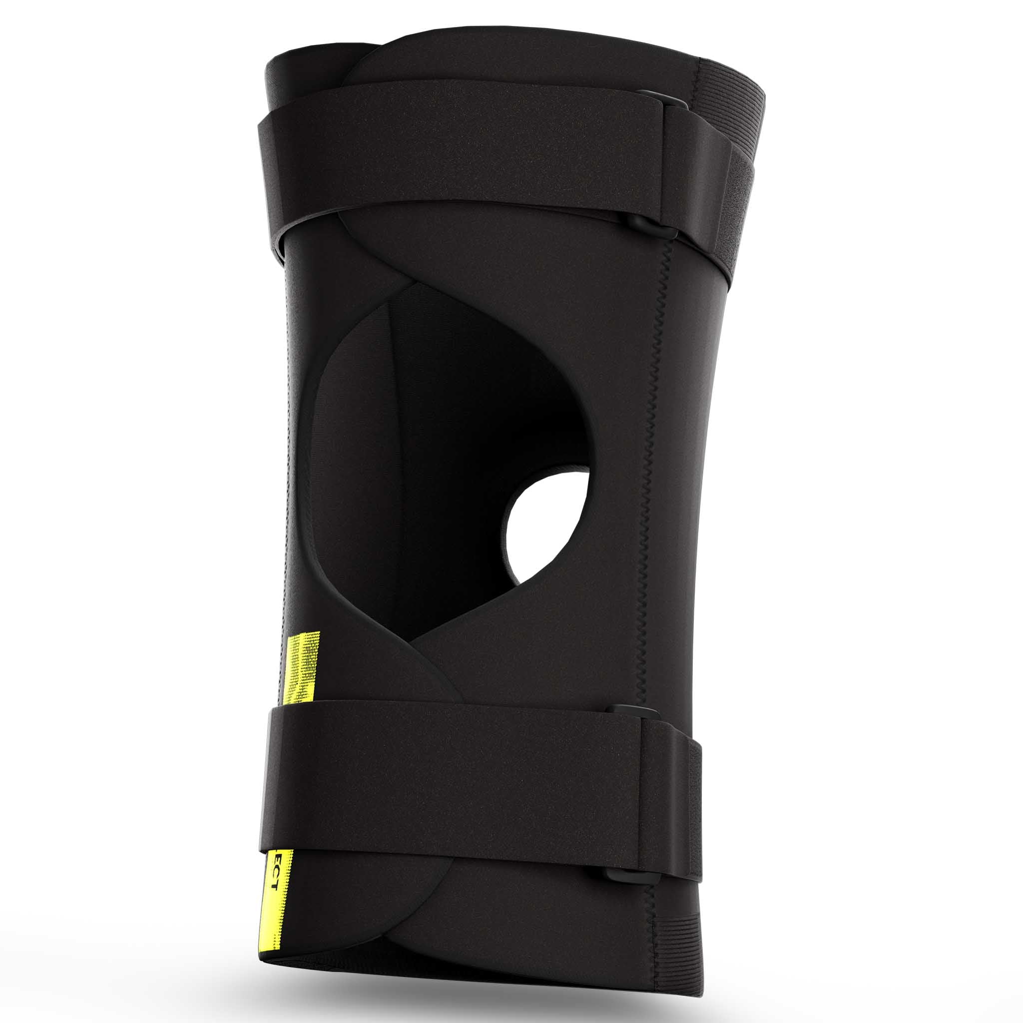 Sorte Knee Support Splints med gul etiket, sportsstøtte, bagsidevisning