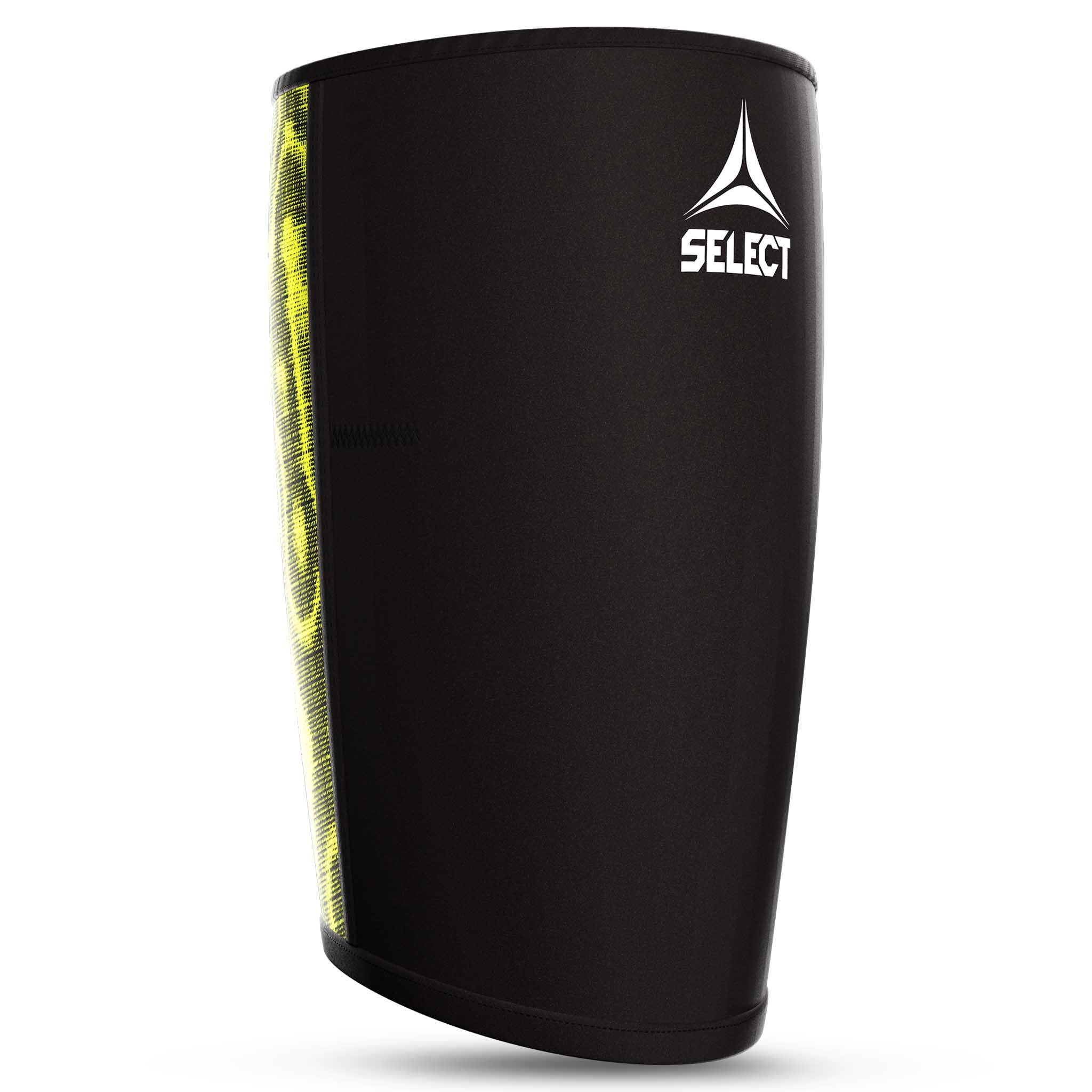 Forside av sort Thigh Support sportsstøtte med gul sidedetalj og hvit Select-logo.