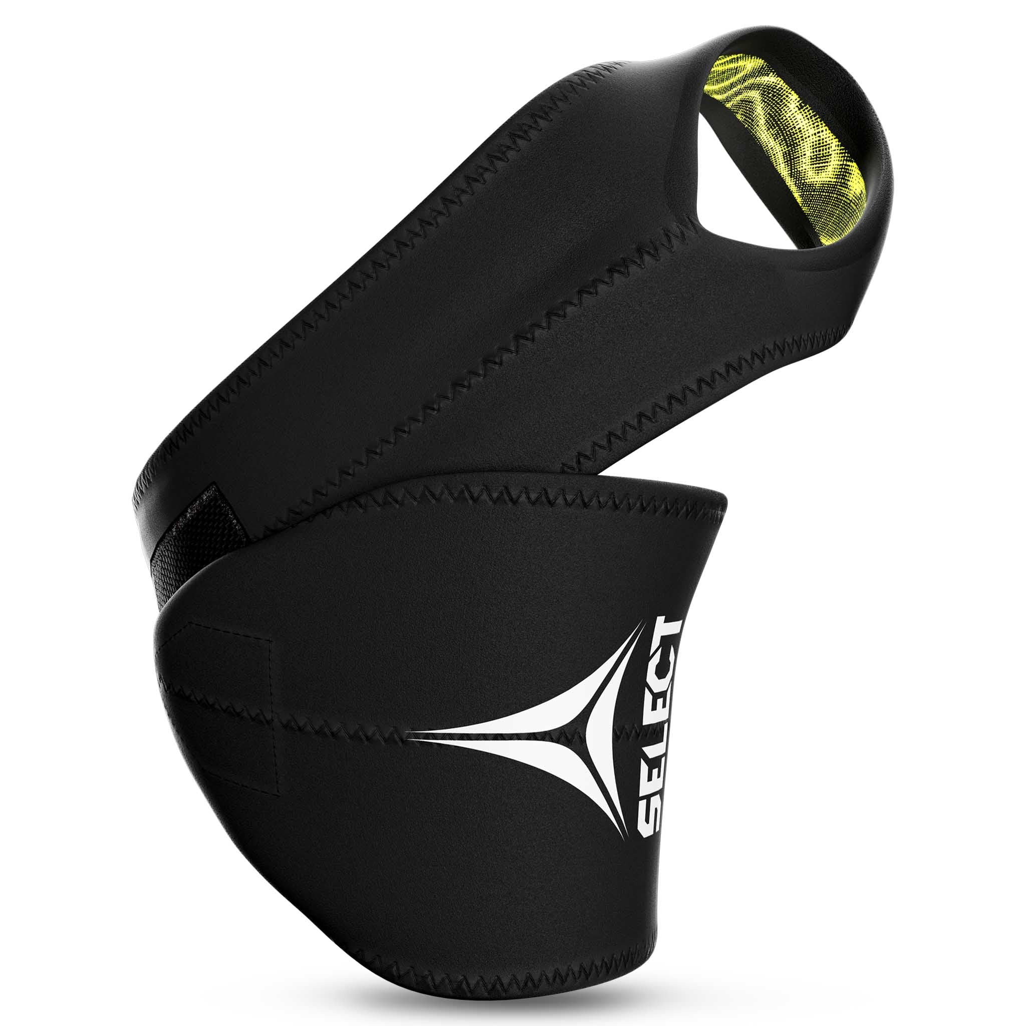 Forside av Wrist Support 1, en svart sportsstøtte med hvit logo og grønn innside.