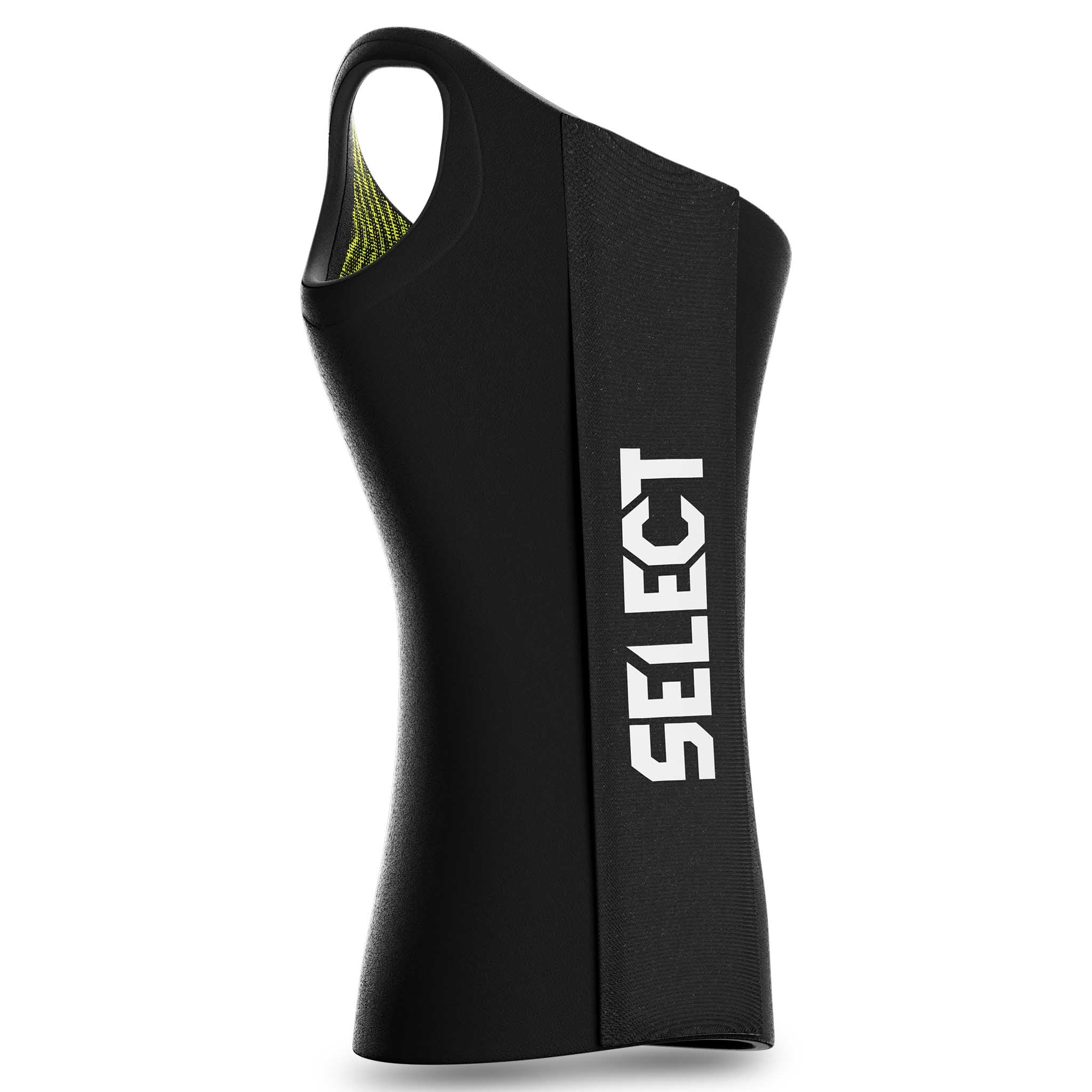 Forfra-bilde av sort Select Wrist Support 3 R, en sportsstøtte til fotball med grønt innerfôr.