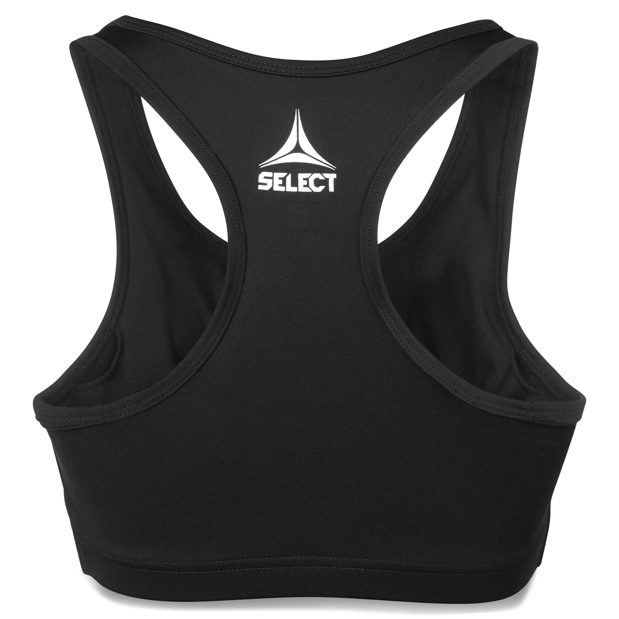 Svart Sports Bra Baselayer, sett bakfra med hvit logo og racerback-design.