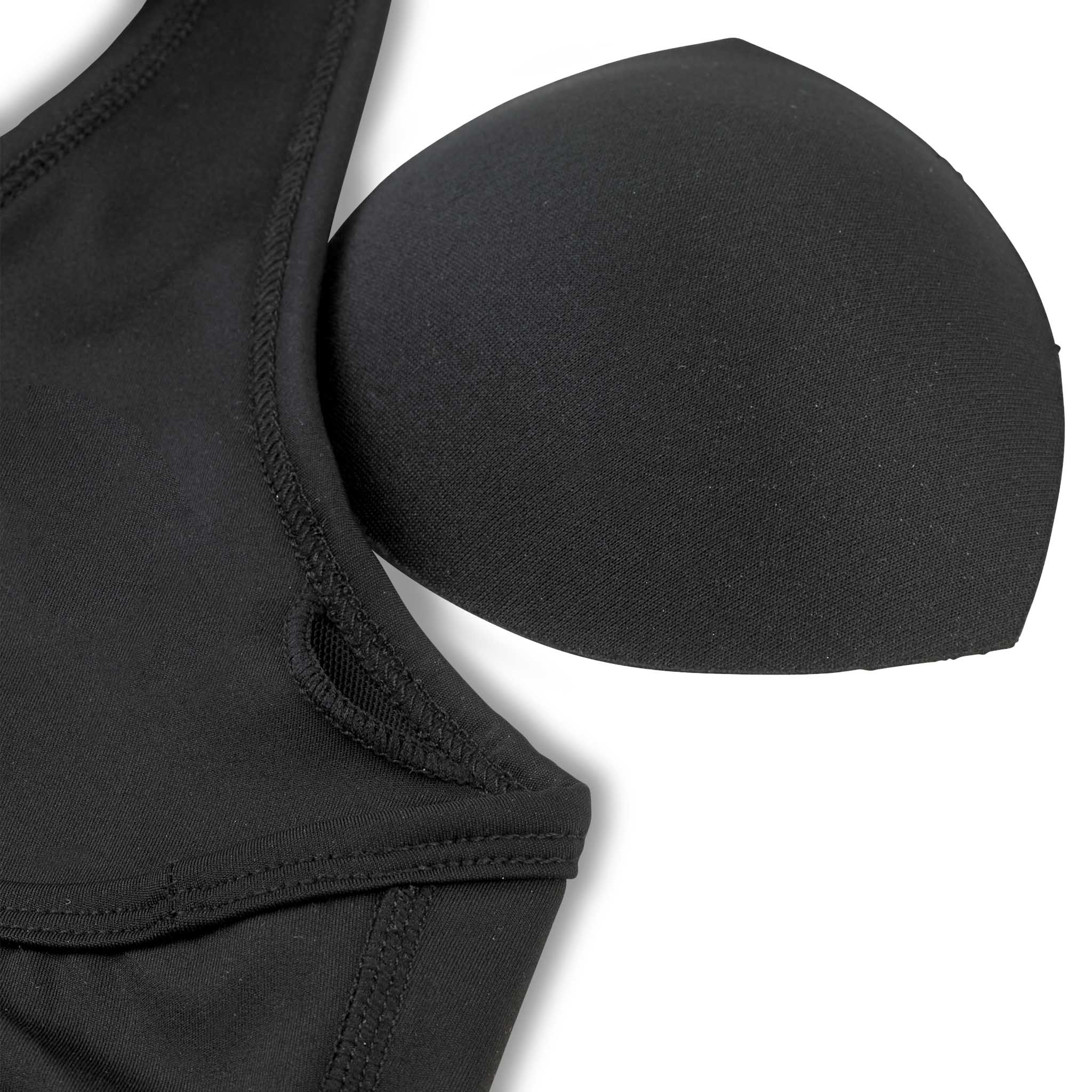 Nærbilde av sort Sports Bra Baselayer med avtagbart polstret innlegg og sydd stoffdetalj.