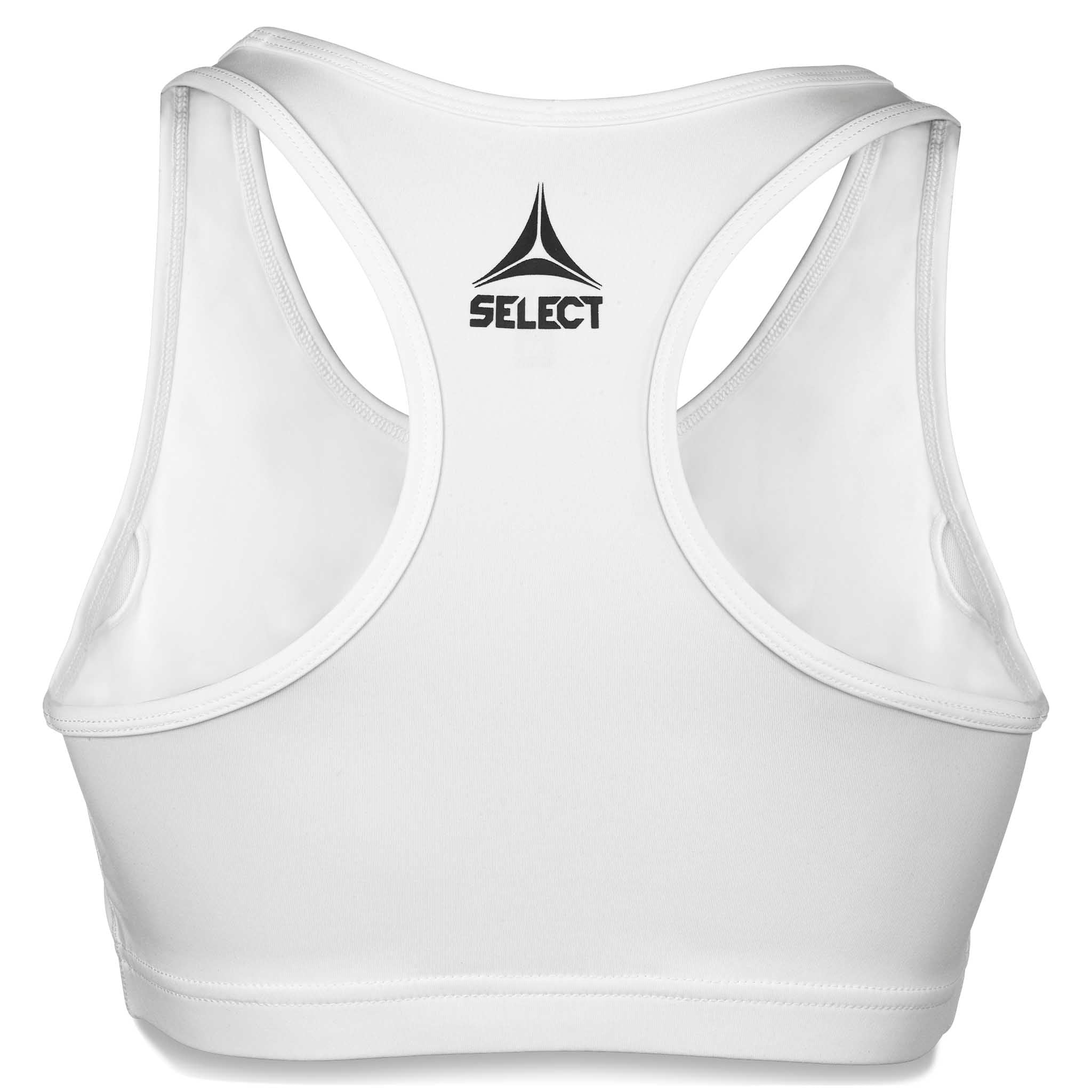 Bakside av hvit Sports Bra Baselayer med sort logo og racerback-design