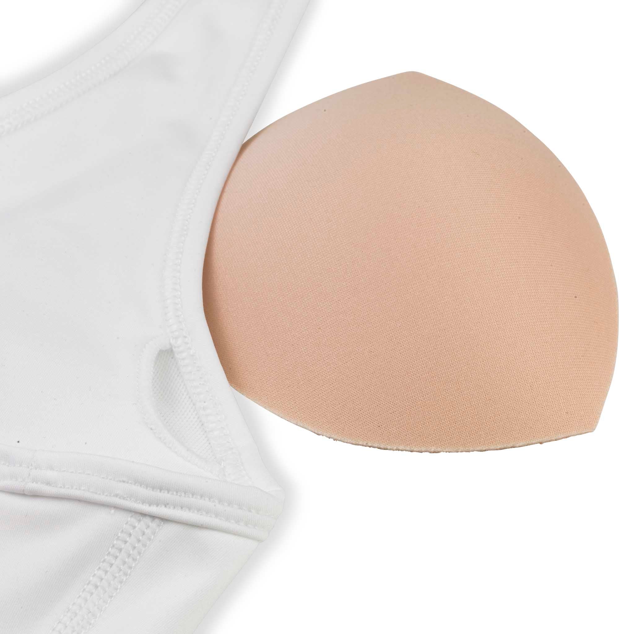 Nærbilde av hvit Sports Bra Baselayer med beige avtakbar innleggspute