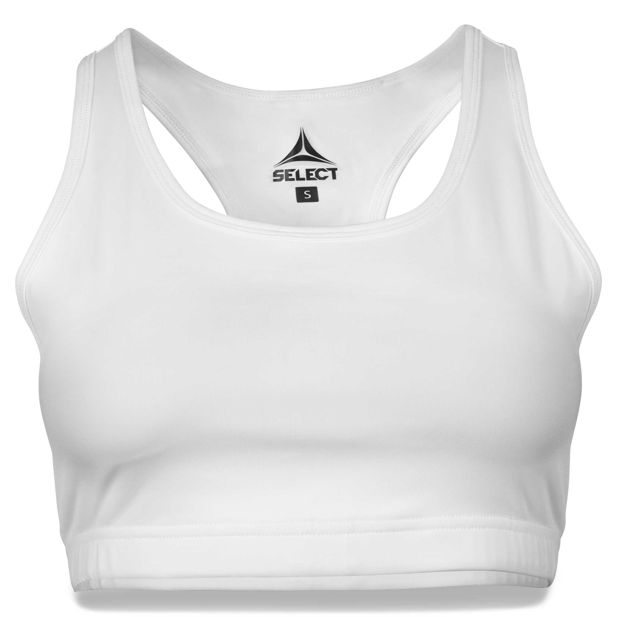 Hvit Sports Bra Baselayer med racerback-design, sett forfra av baselayer.