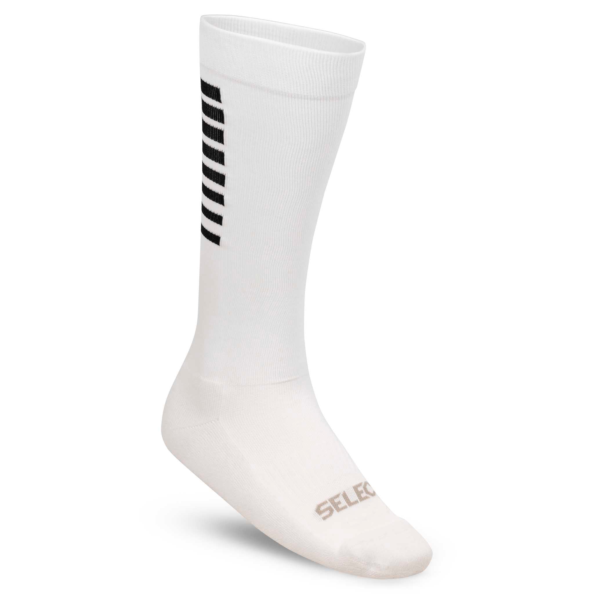 Hvit Sports sock Long v25, Match & Training wear, med sorte striper, forside.