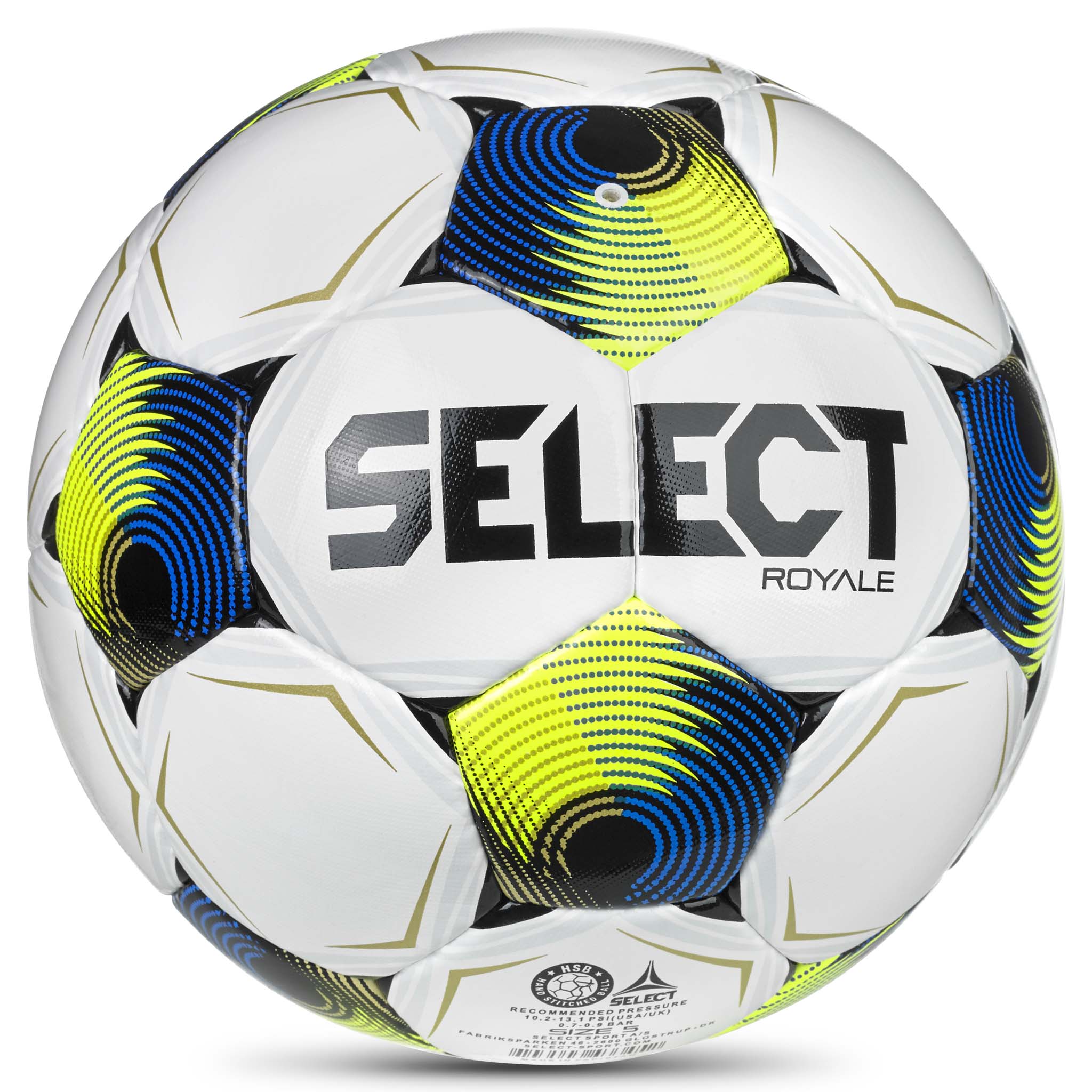 Bakside av Royale v26 fotball i hvitt med gule, blå og sorte panelaksenter.