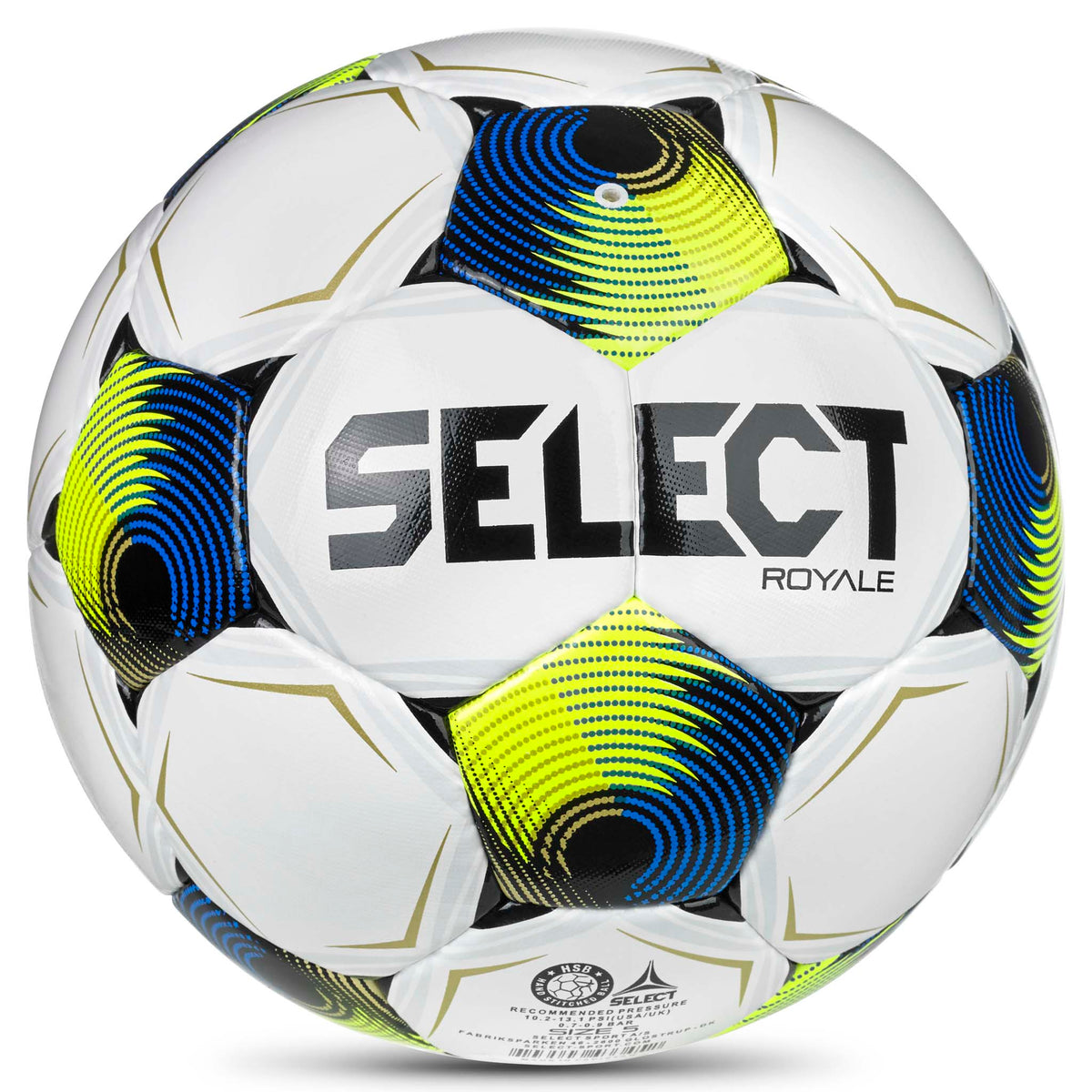 Bakside av Royale v26 fotball i hvitt med gule, blå og sorte panelaksenter.