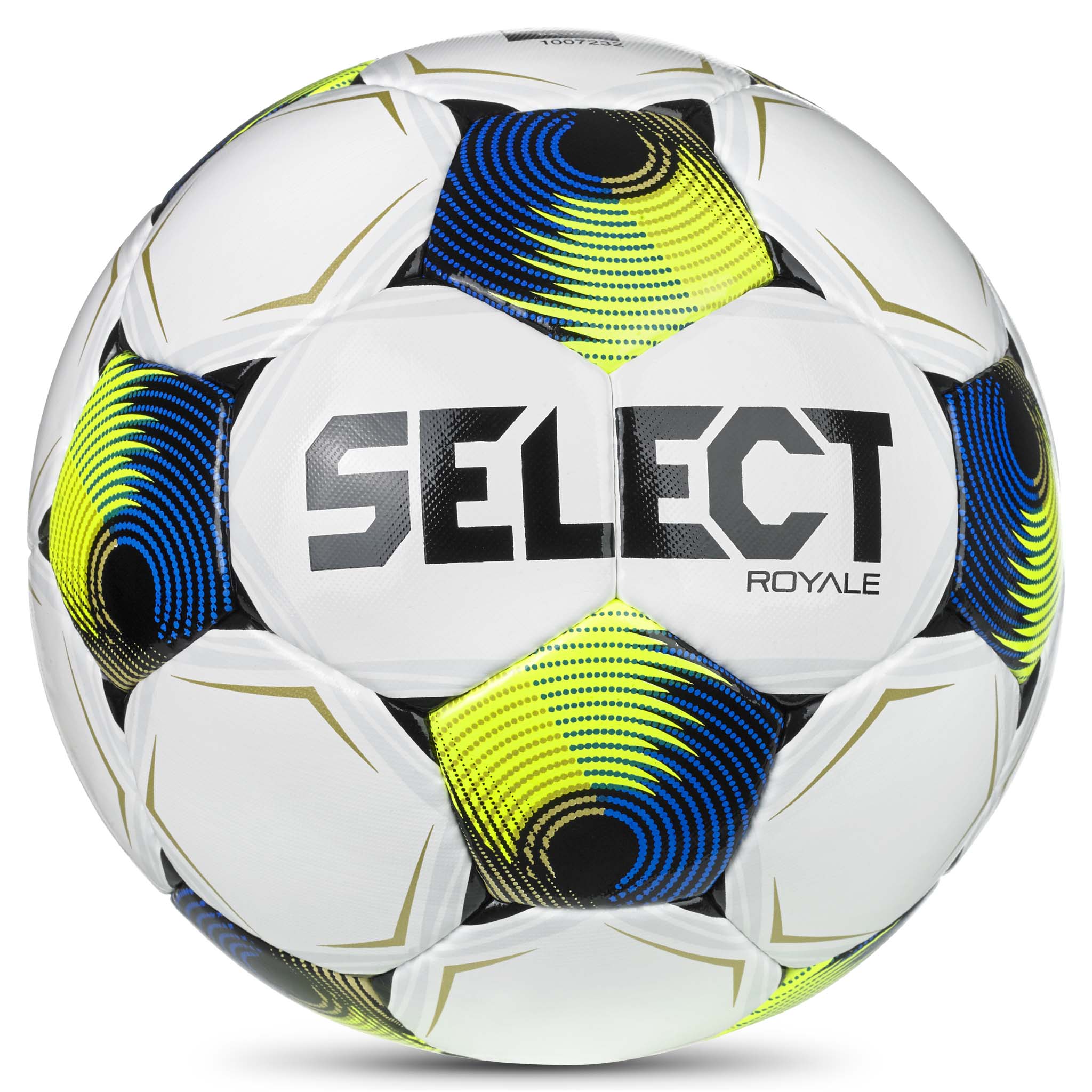 Forside av Royale v26 fotball i hvit med gule, blå og sorte stjernepaneler.