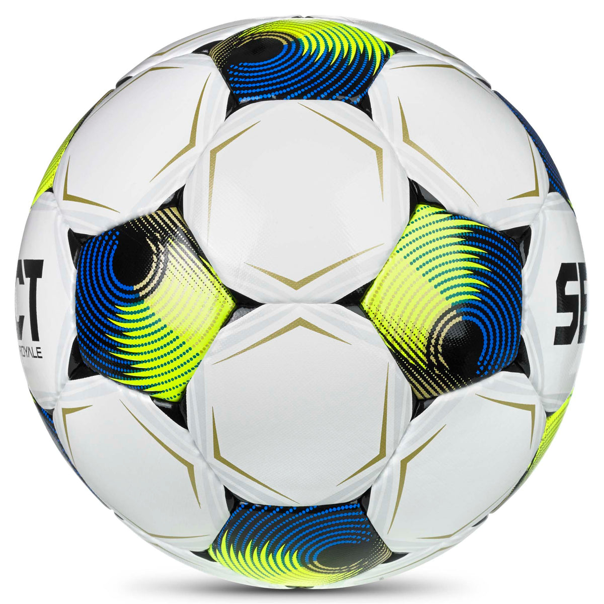 Royale v26 fotball, sett fra høyre side, hvit med gule, blå og sorte paneler.