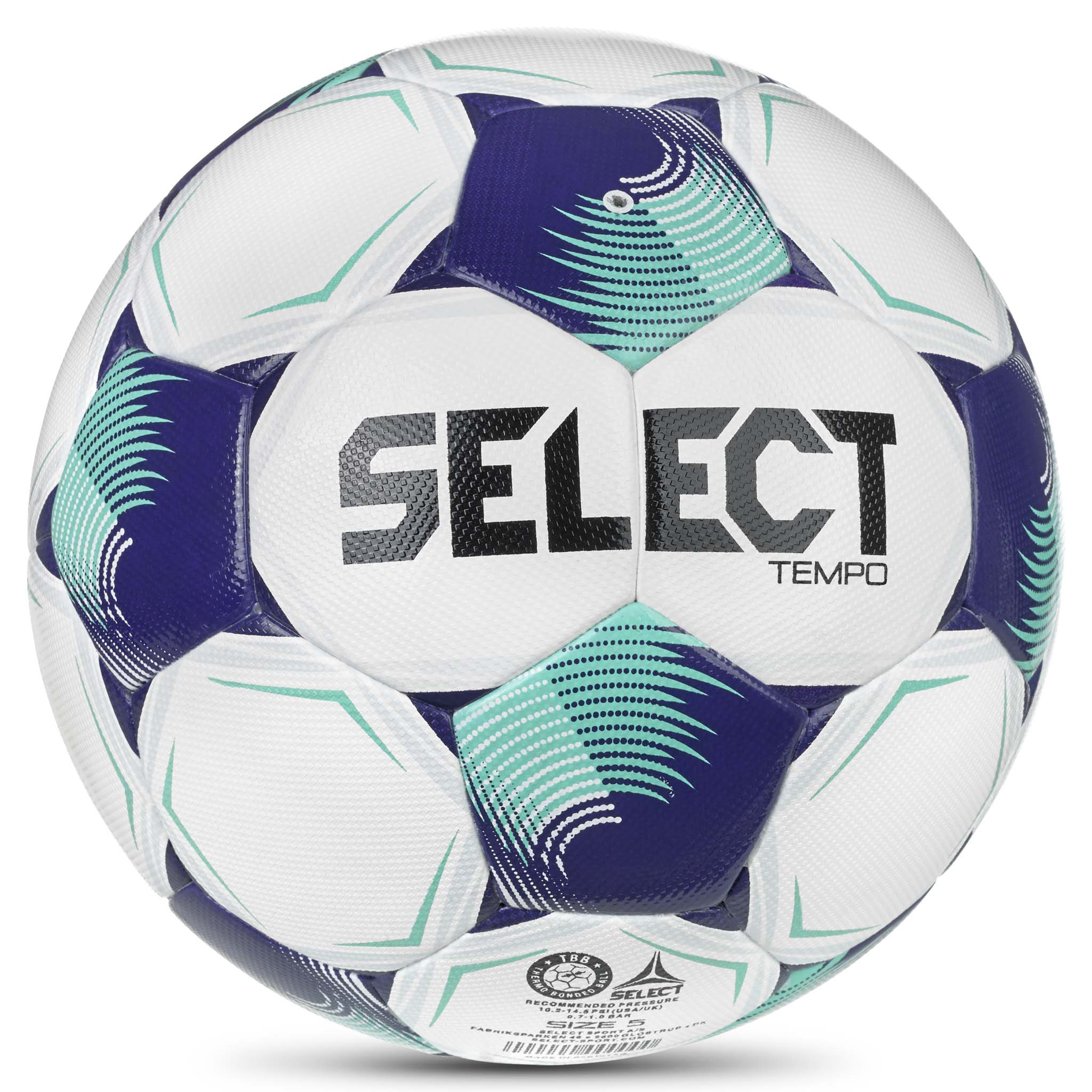 Bakside av Tempo v26 fotball i hvit med lilla og turkise paneler og svart Select-logo.
