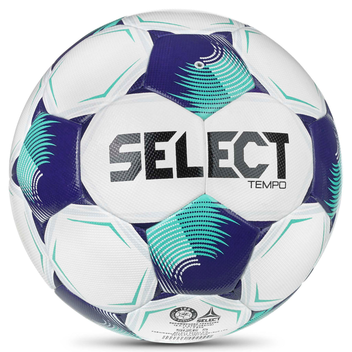 Bakside av Tempo v26 fotball i hvit med lilla og turkise paneler og svart Select-logo.