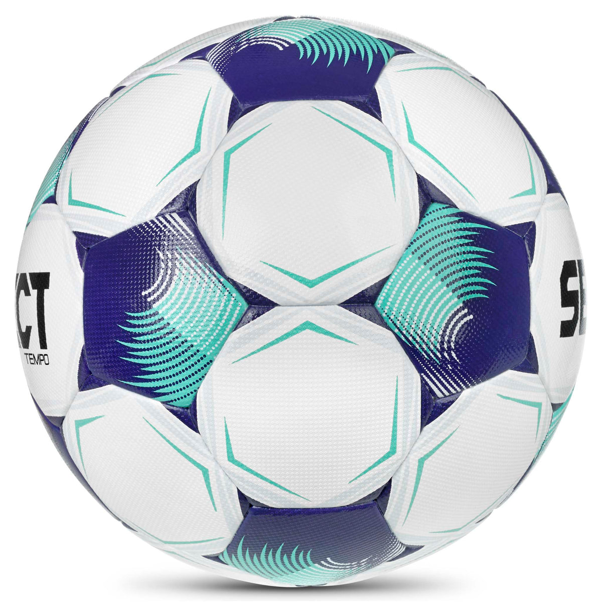 Tempo v26 fotball i hvitt med lilla og turkise detaljer, sett fra høyre side.