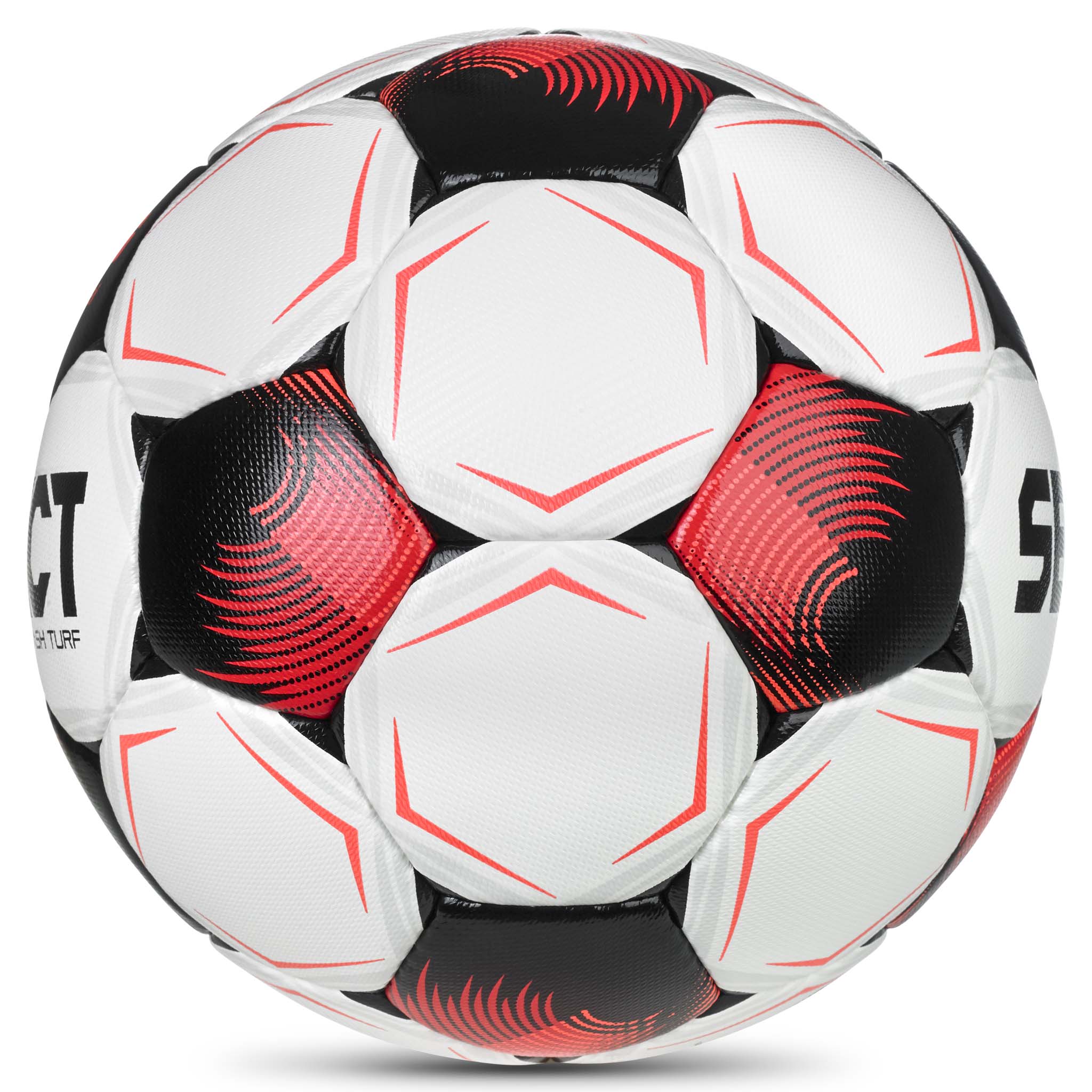 Flash Turf v26 fotball i hvitt, rødt og svart, sett fra høyre side