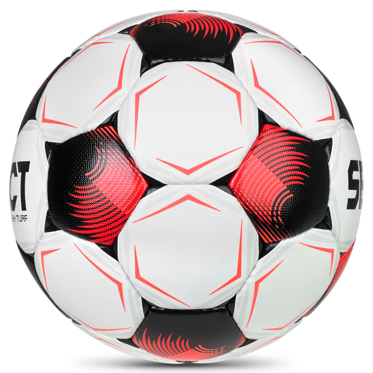 Flash Turf v26 fotball i hvitt, rødt og svart, sett fra høyre side
