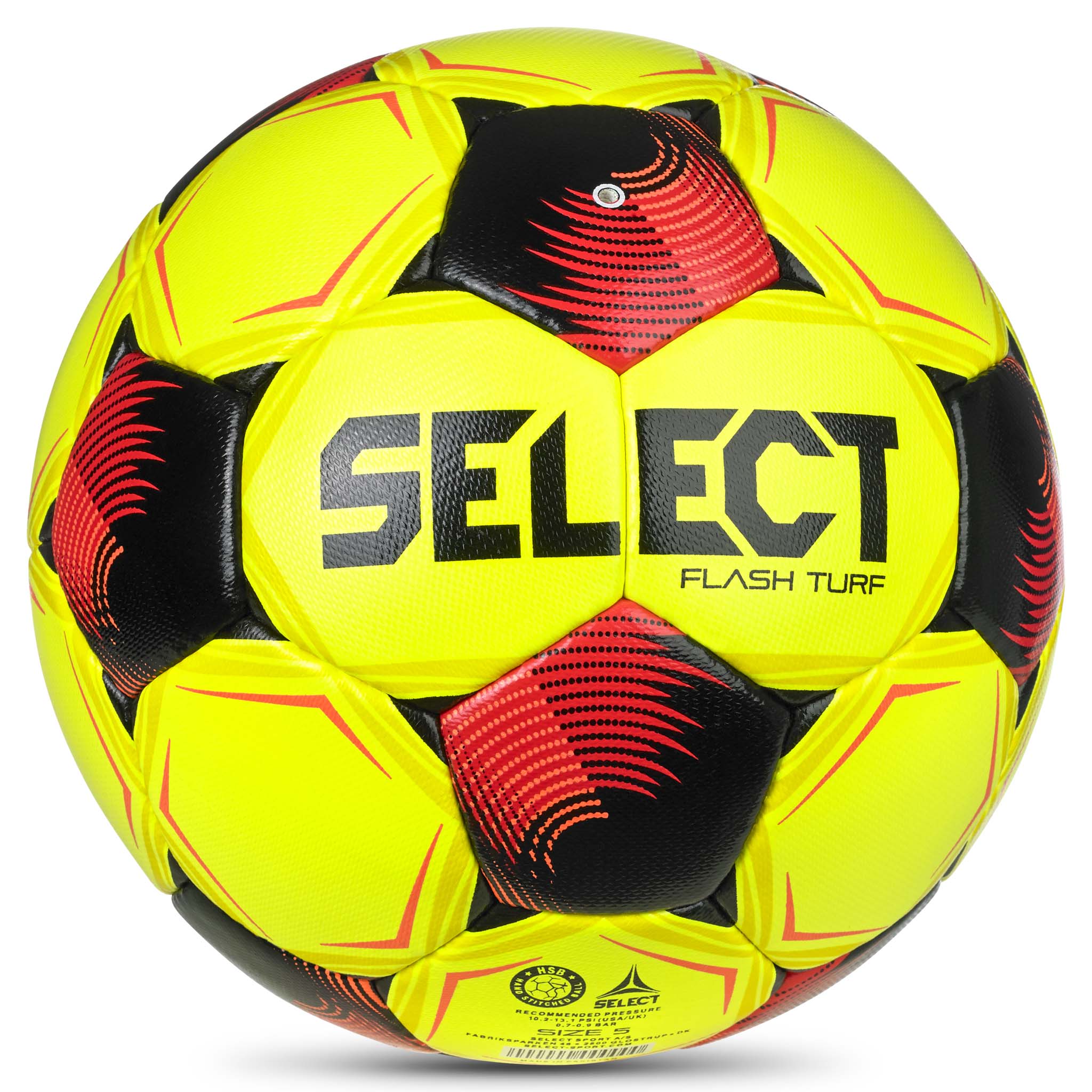 Flash Turf v26 fotball, bakside. Gul ball med sorte og røde paneler og logo.