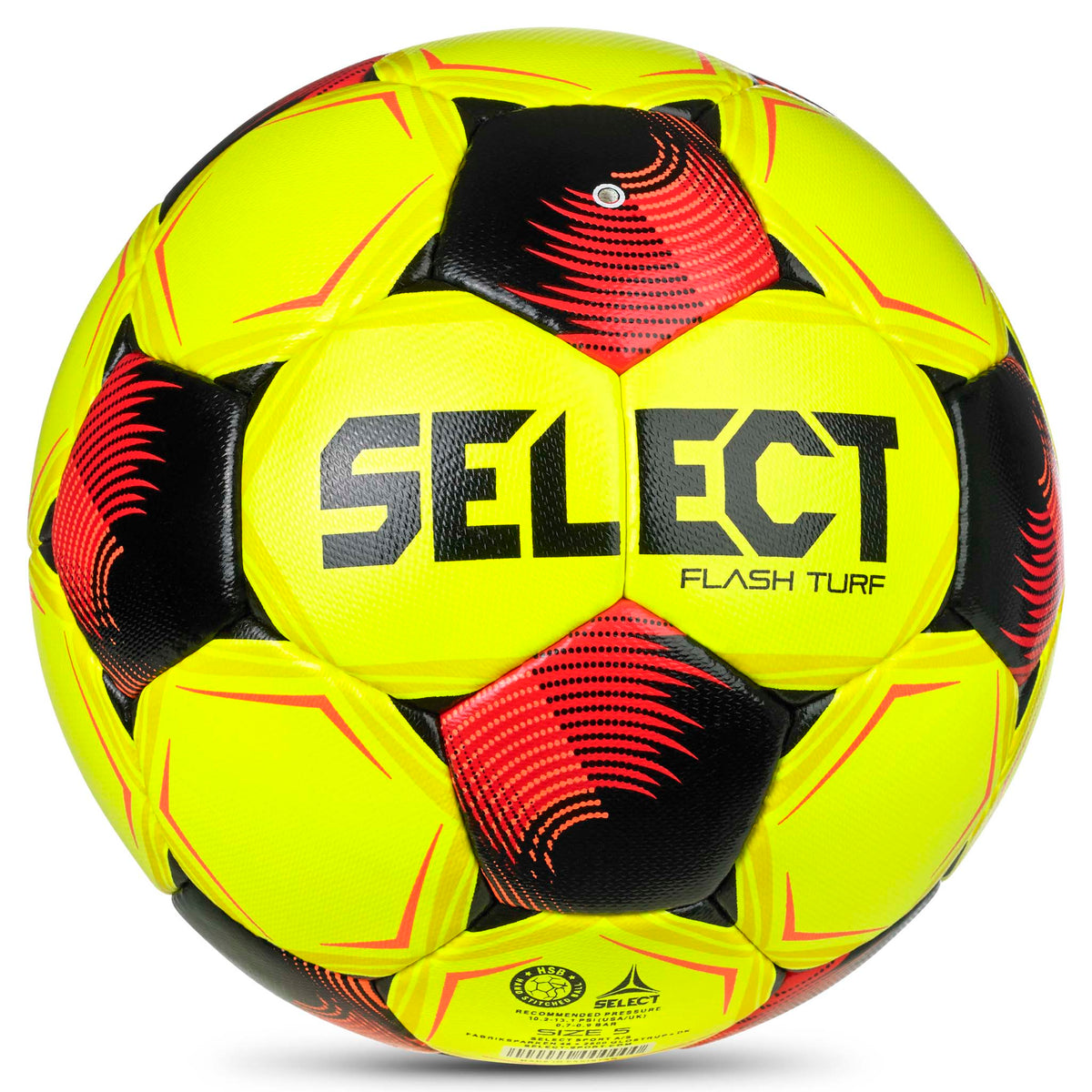 Flash Turf v26 fotball, bakside. Gul ball med sorte og røde paneler og logo.
