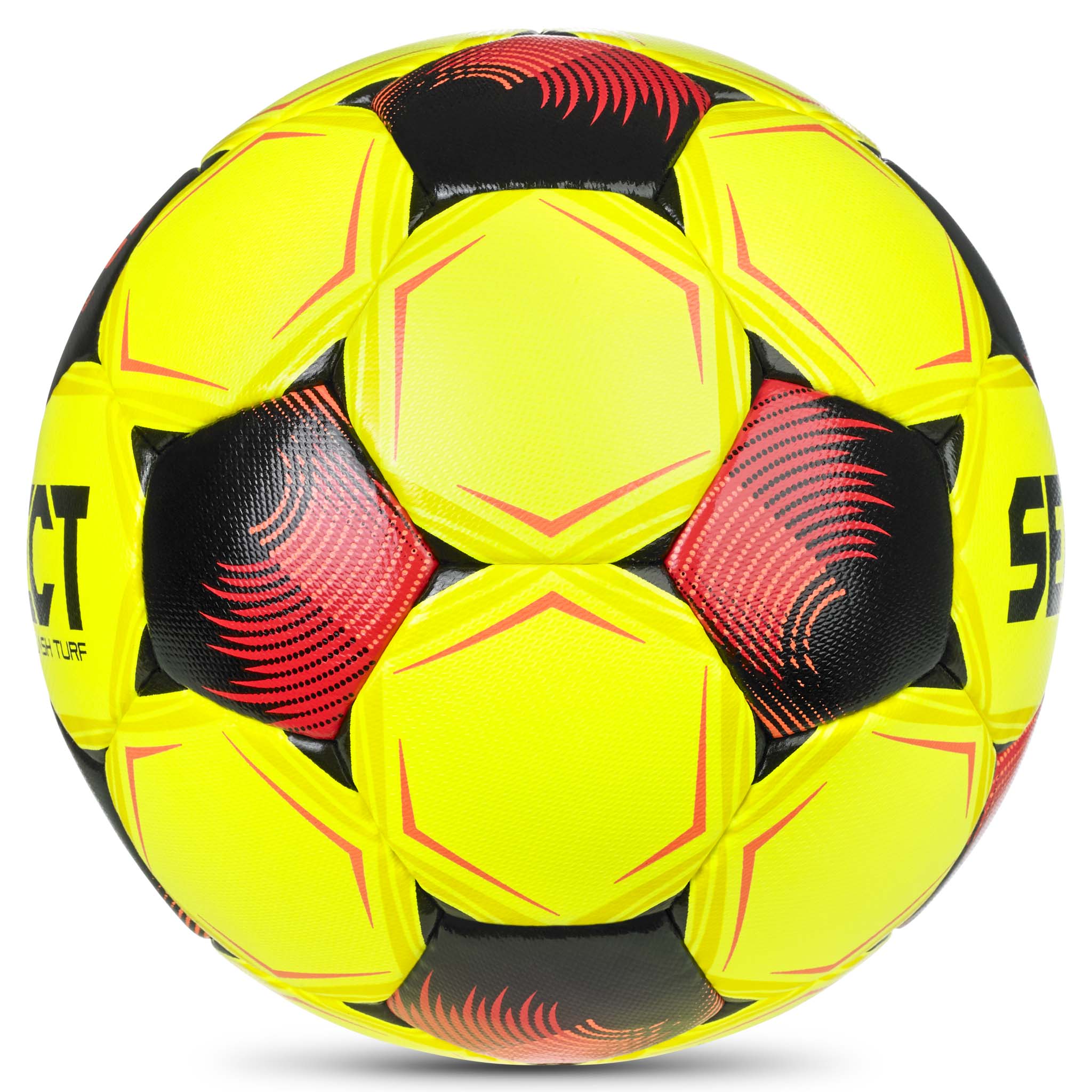 Flash Turf v26 fotball i gult med røde og svarte detaljer, sett fra høyre side