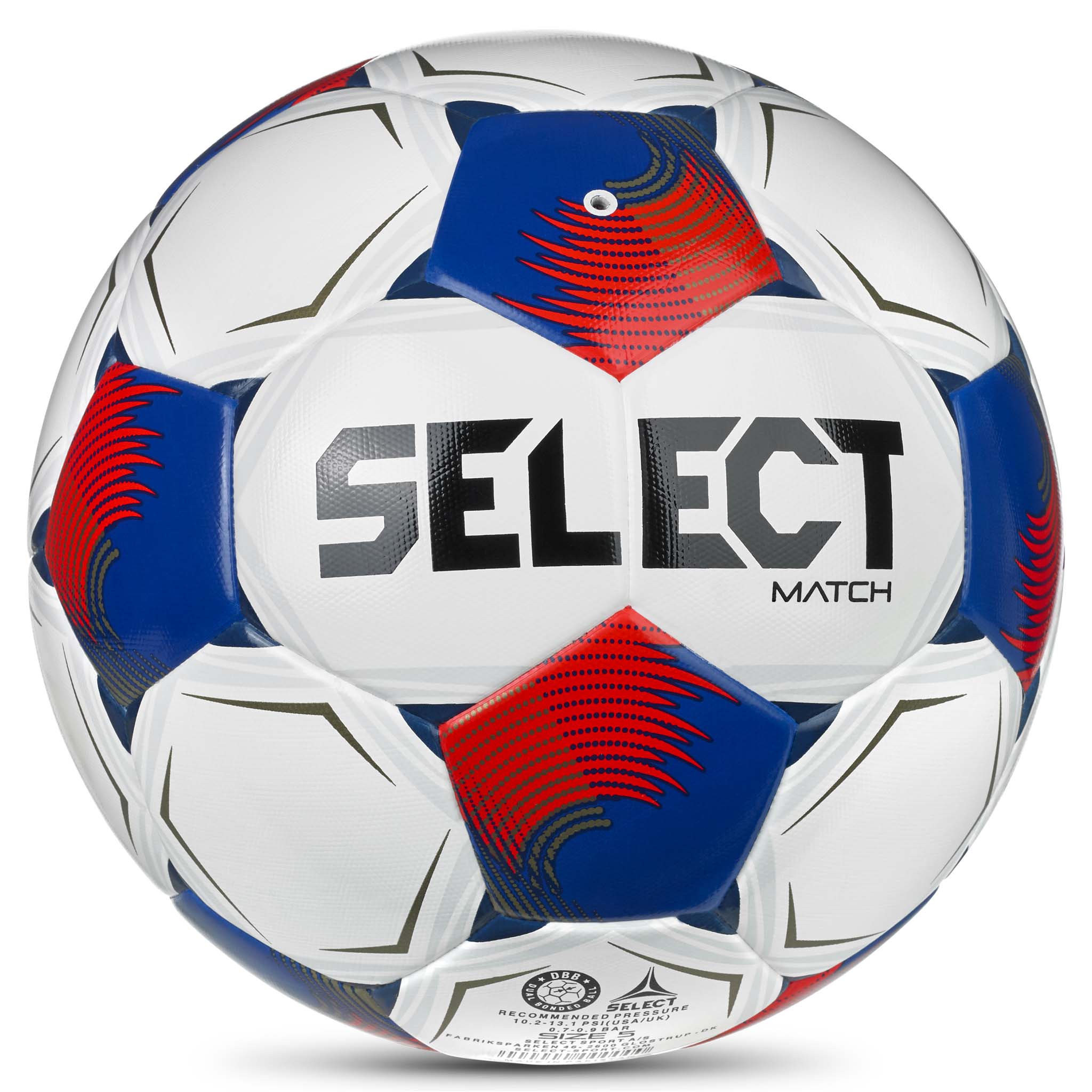 Bakside av Match v26 fotball i hvitt med røde og blå paneler og sort Select-logo.