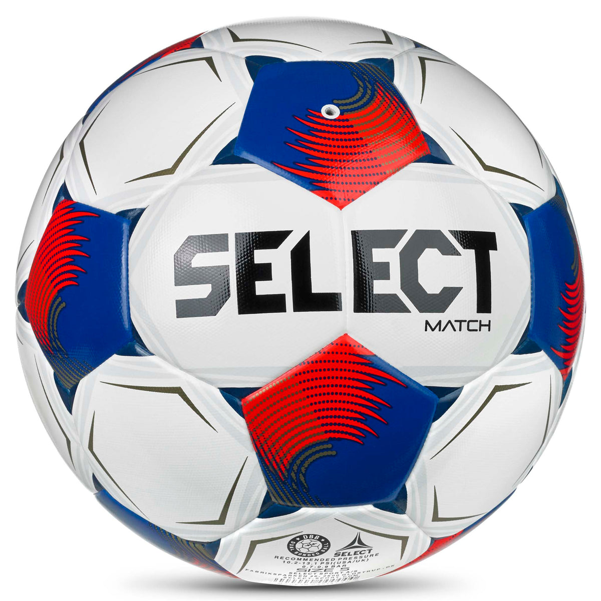 Bakside av Match v26 fotball i hvitt med røde og blå paneler og sort Select-logo.