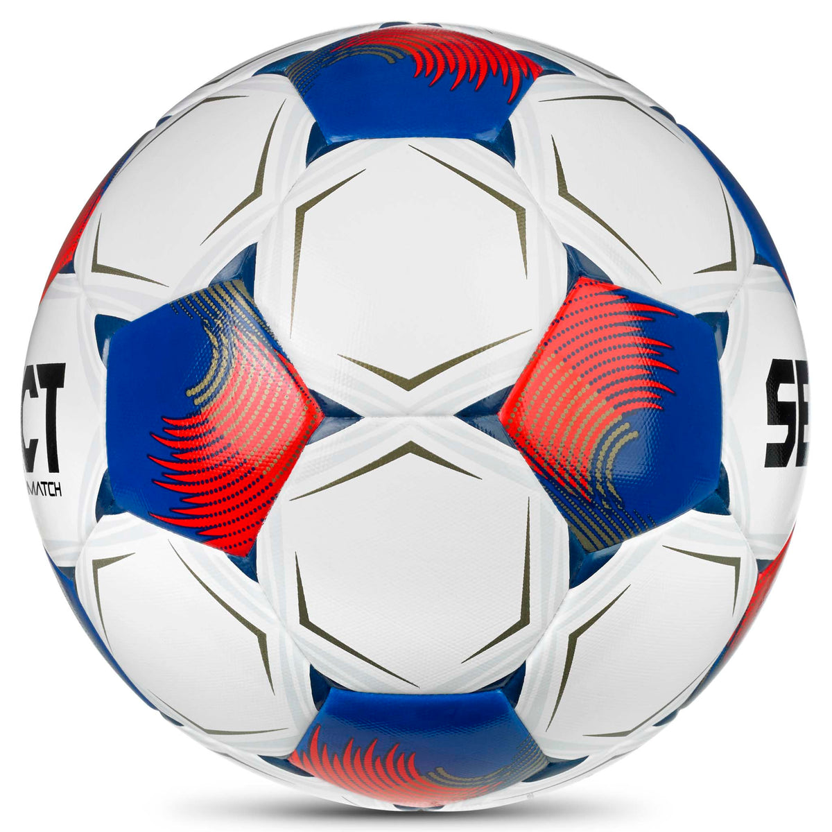 Sidebilde av Match v26 fotball i hvit med blå og røde paneldetaljer.
