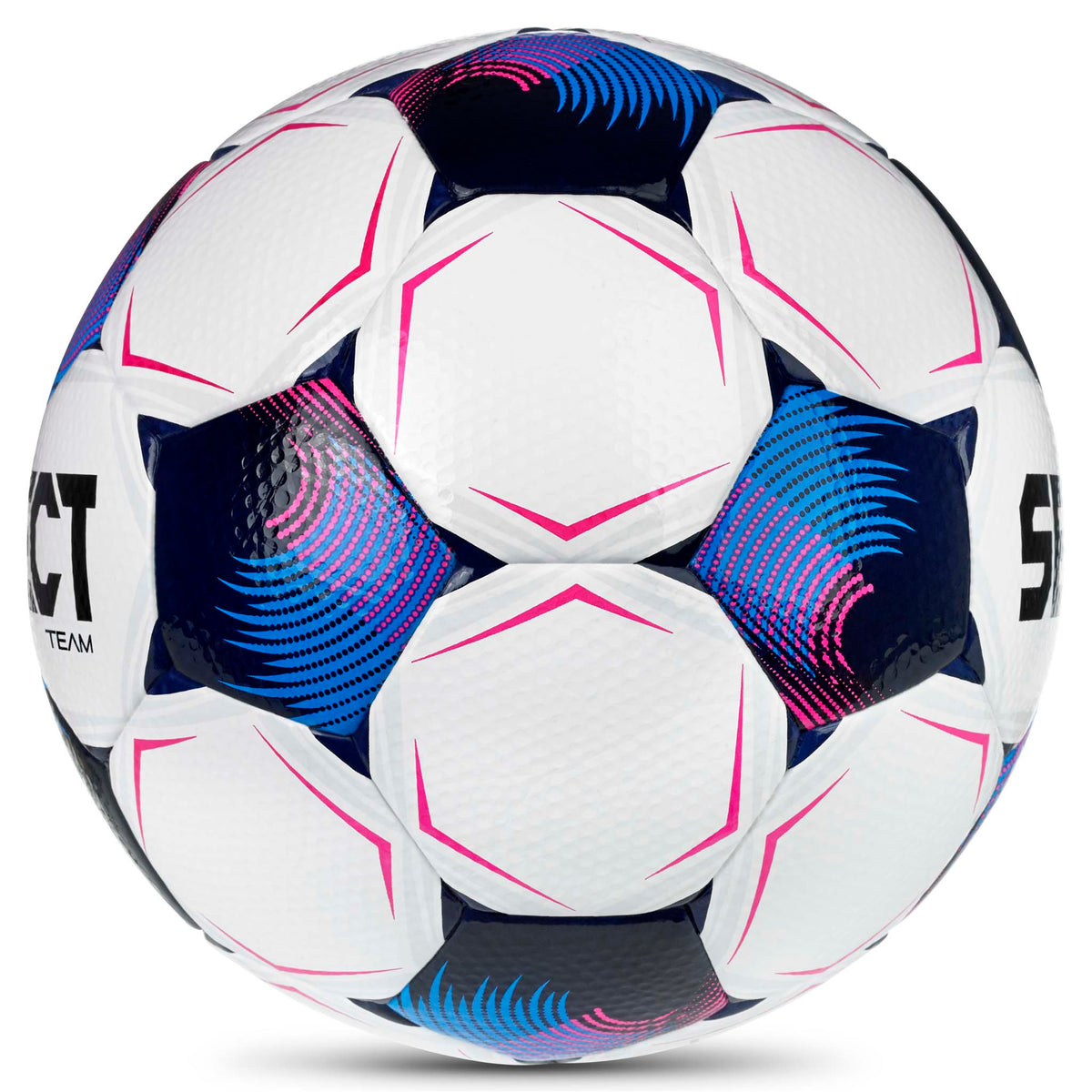 Team v26 fotball, sett fra høyre side, hvit med blå, marineblå og rosa paneldetaljer